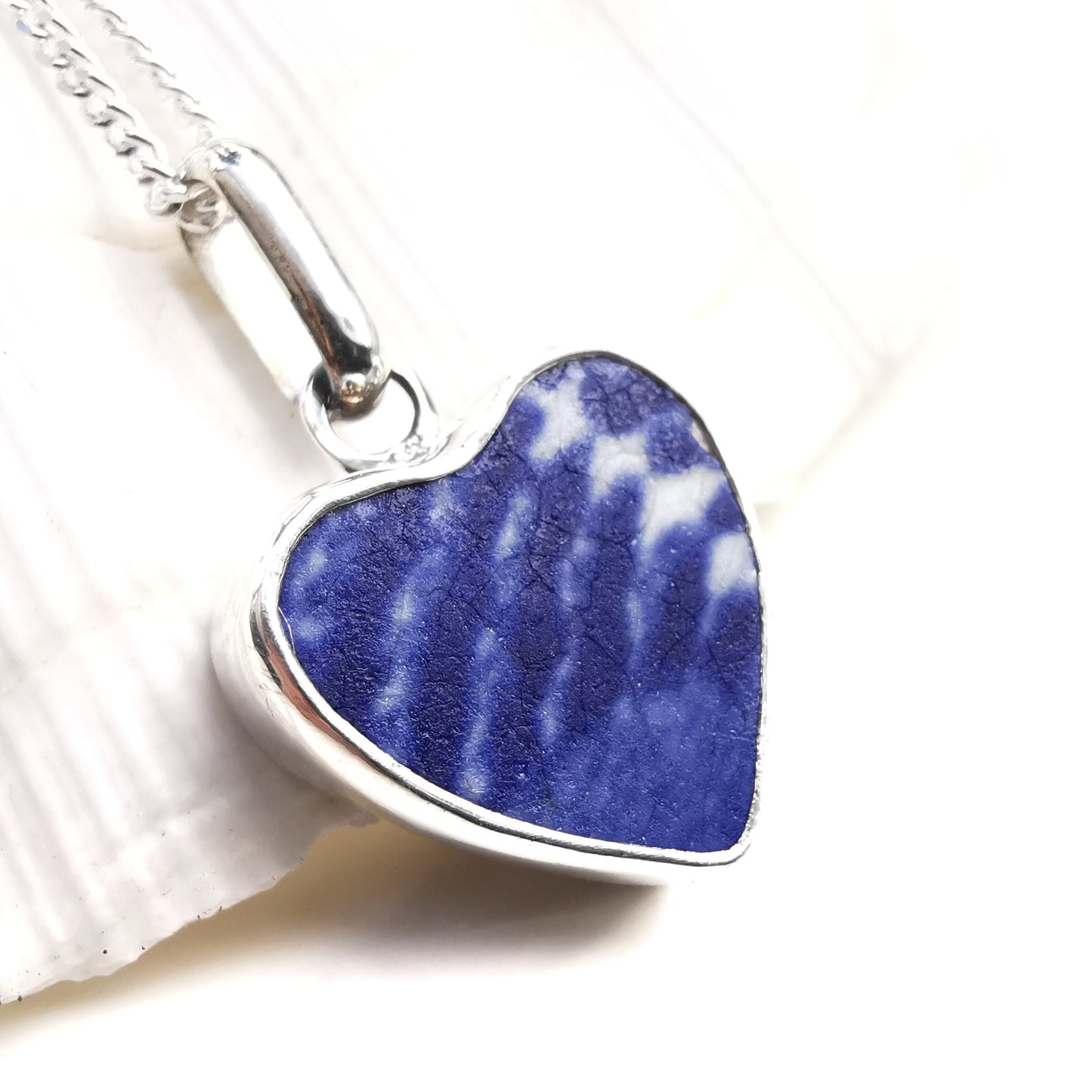 Scottish blue willow pattern beach pottery, heart pendant, silver necklace - monopatin