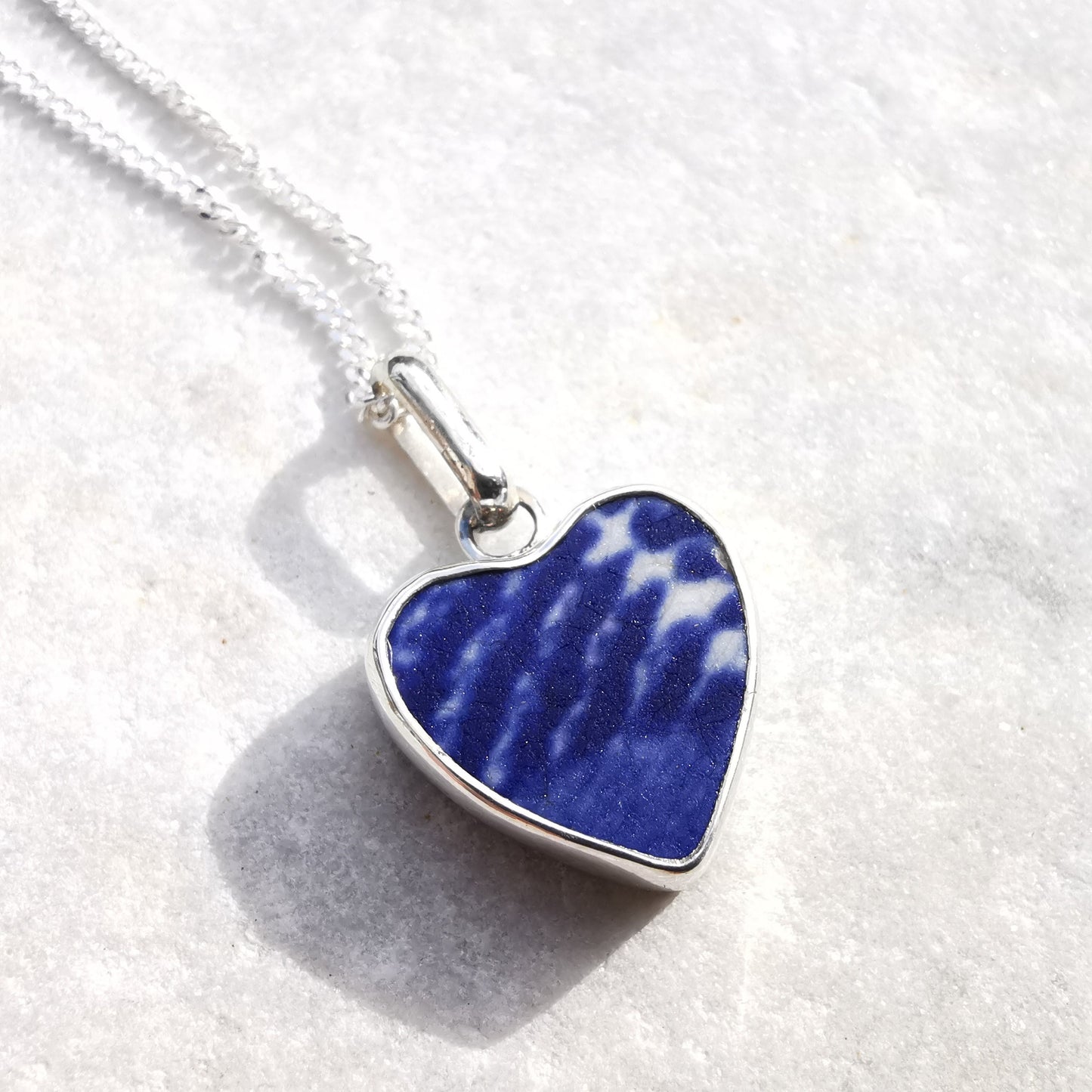 Scottish blue willow pattern beach pottery, heart pendant, silver necklace - monopatin