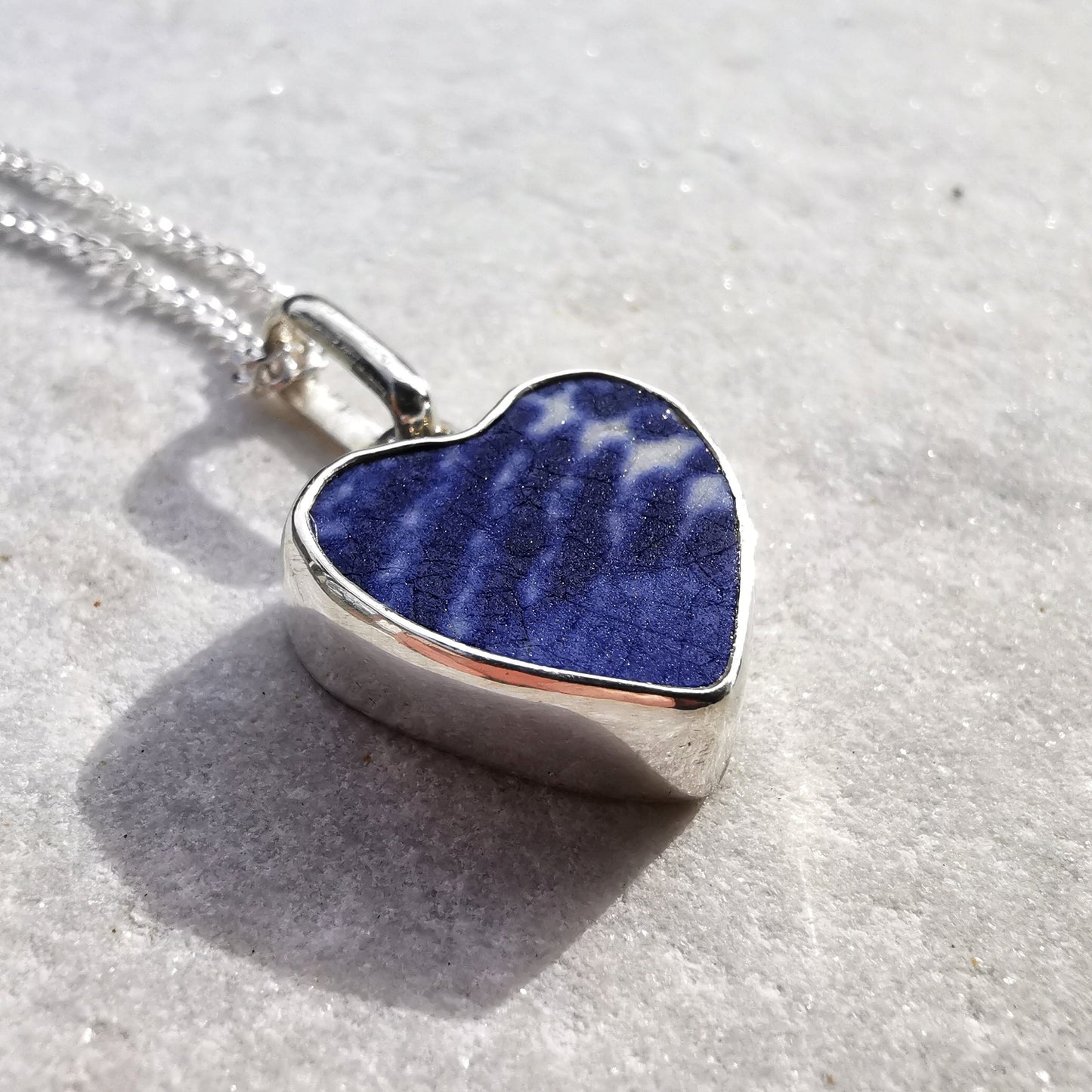 Scottish blue willow pattern beach pottery, heart pendant, silver necklace - monopatin