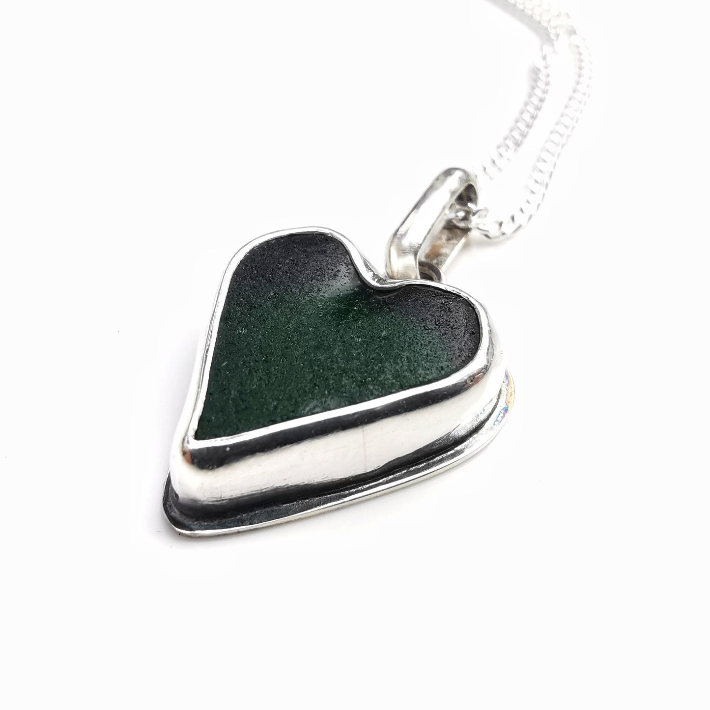 Scottish forest green sea glass heart pendant, sterling silver necklace - monopatin