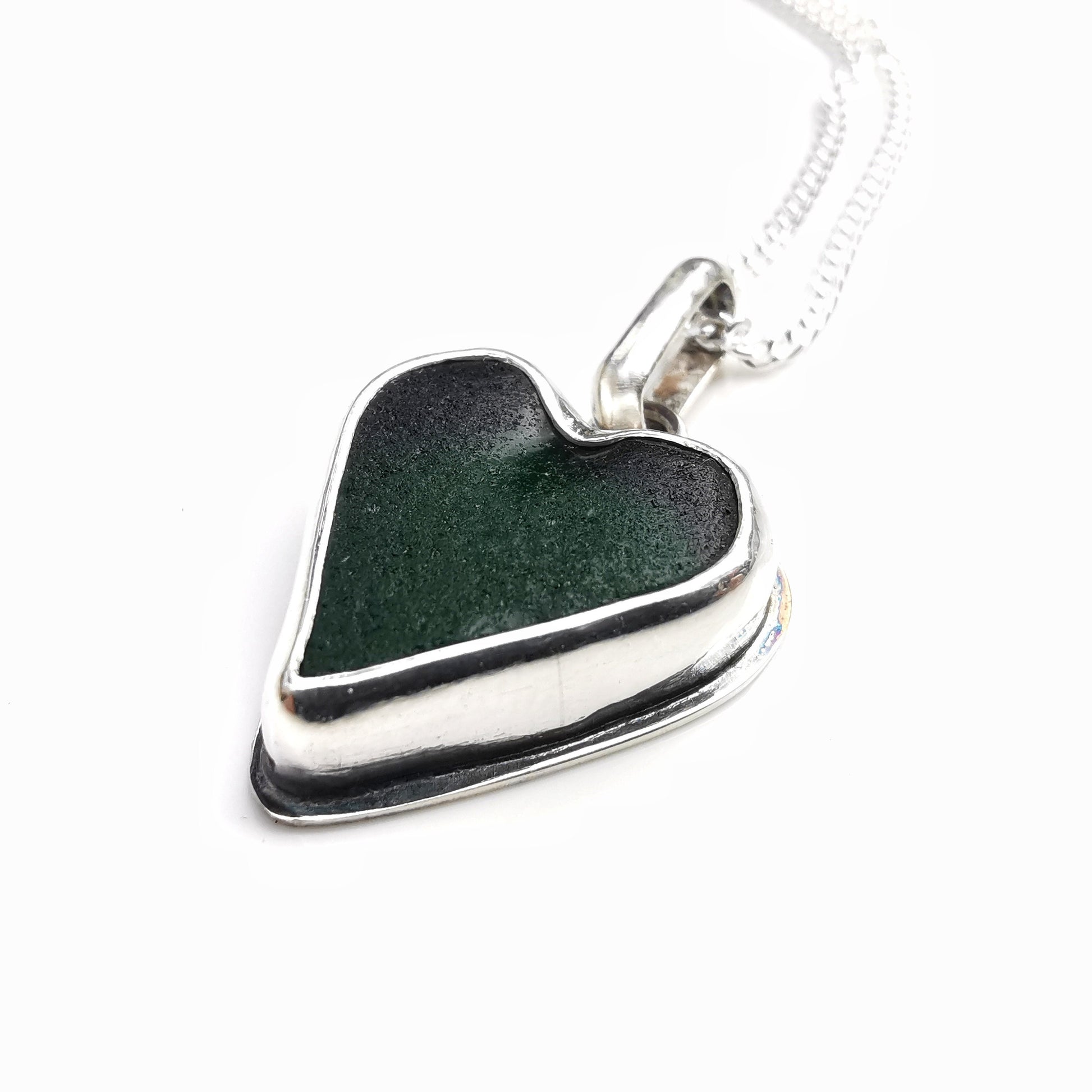 Scottish forest green sea glass heart pendant, sterling silver necklace - monopatin