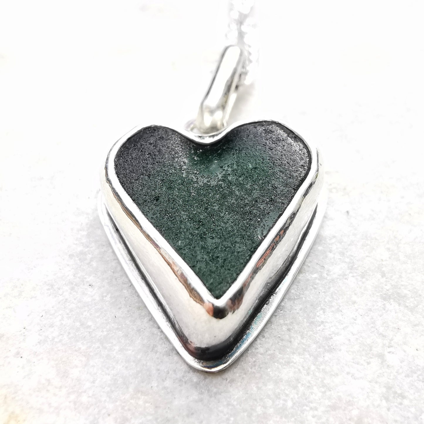 Scottish forest green sea glass heart pendant, sterling silver necklace - monopatin