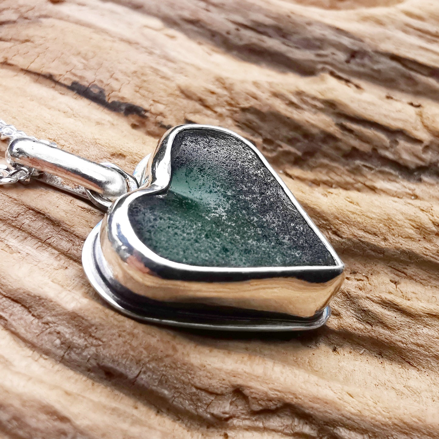 Scottish forest green sea glass heart pendant, sterling silver necklace - monopatin