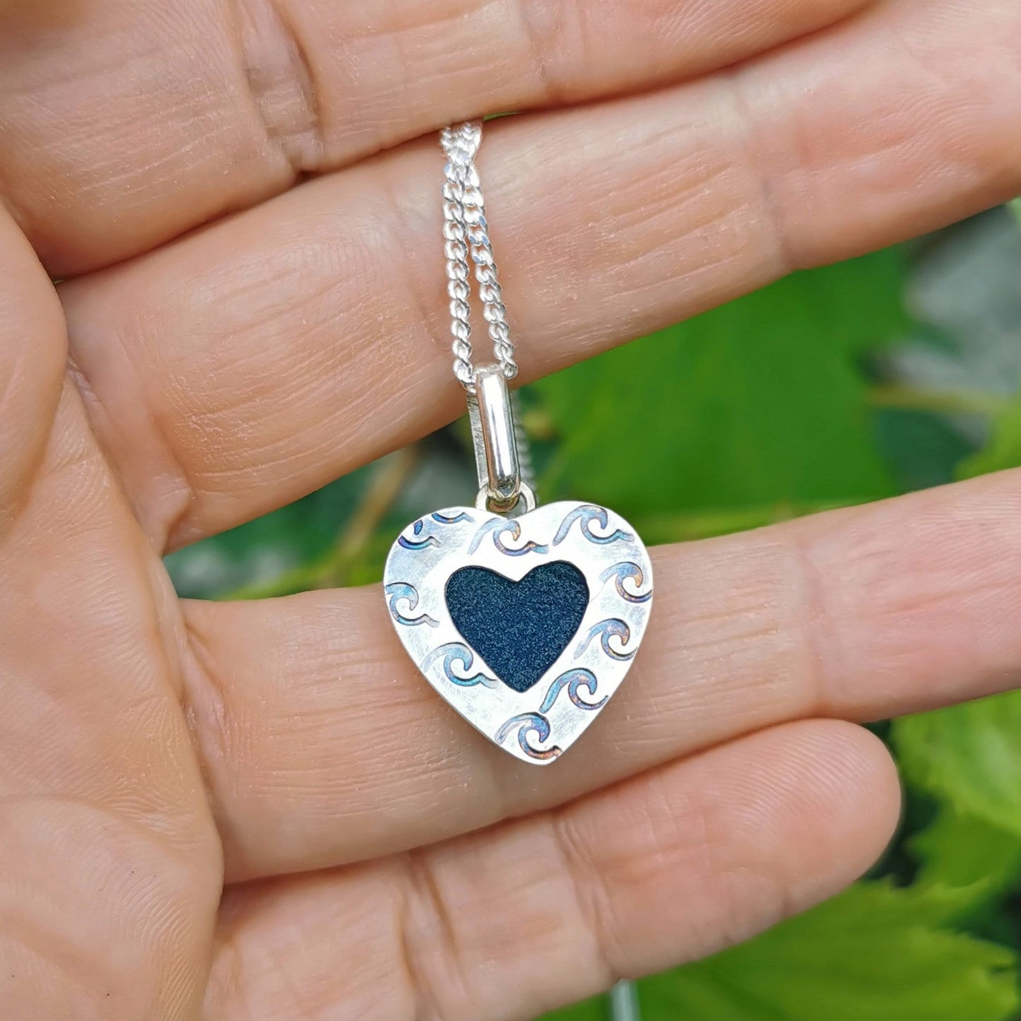 Scottish teal blue sea glass heart pendant, sterling silver necklace - monopatin