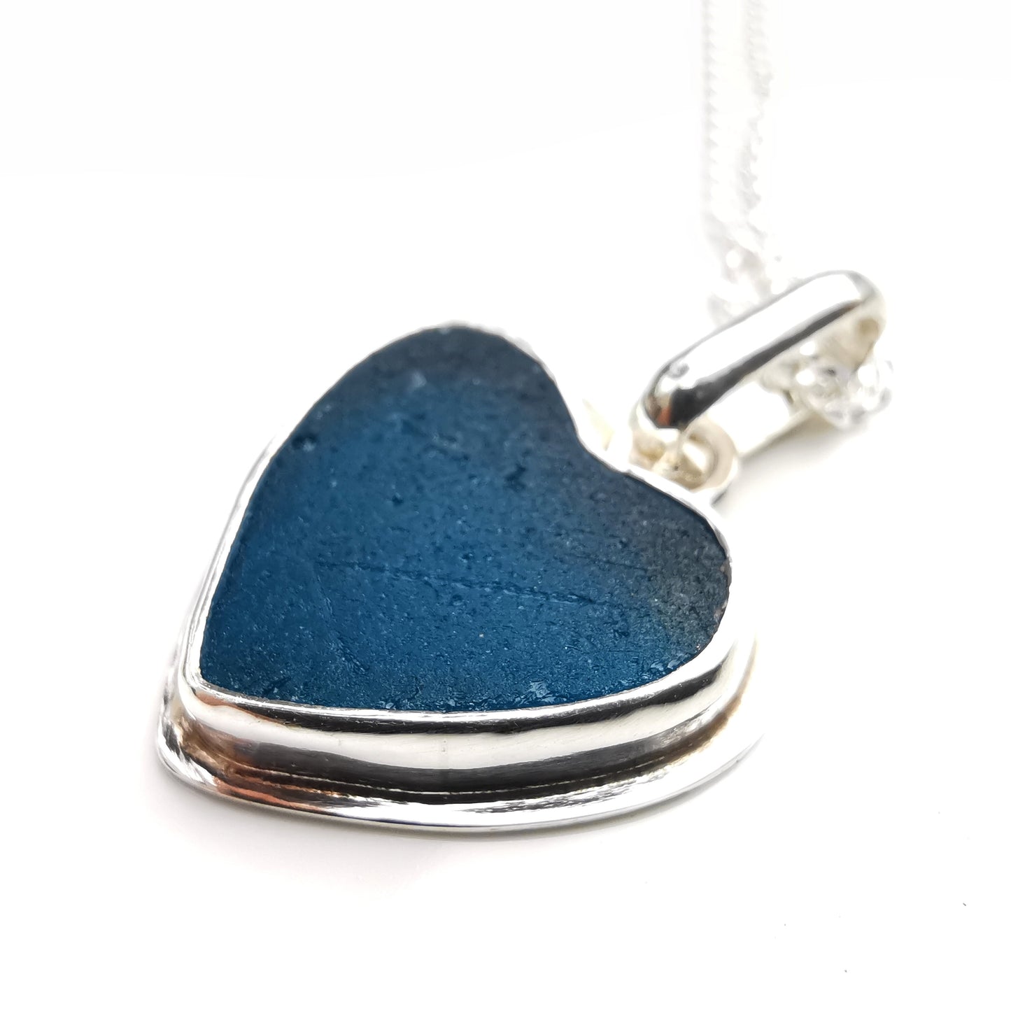 Scottish teal blue sea glass heart pendant, sterling silver necklace - monopatin