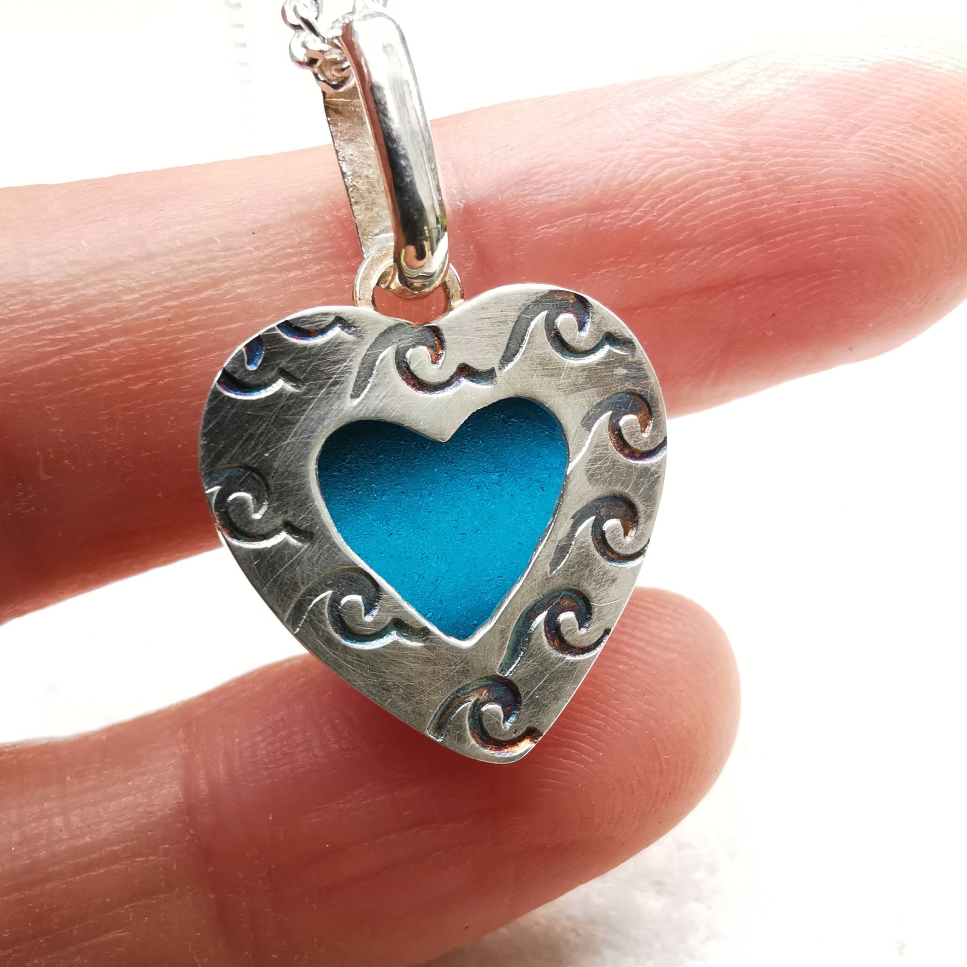 Scottish teal blue sea glass heart pendant, sterling silver necklace - monopatin