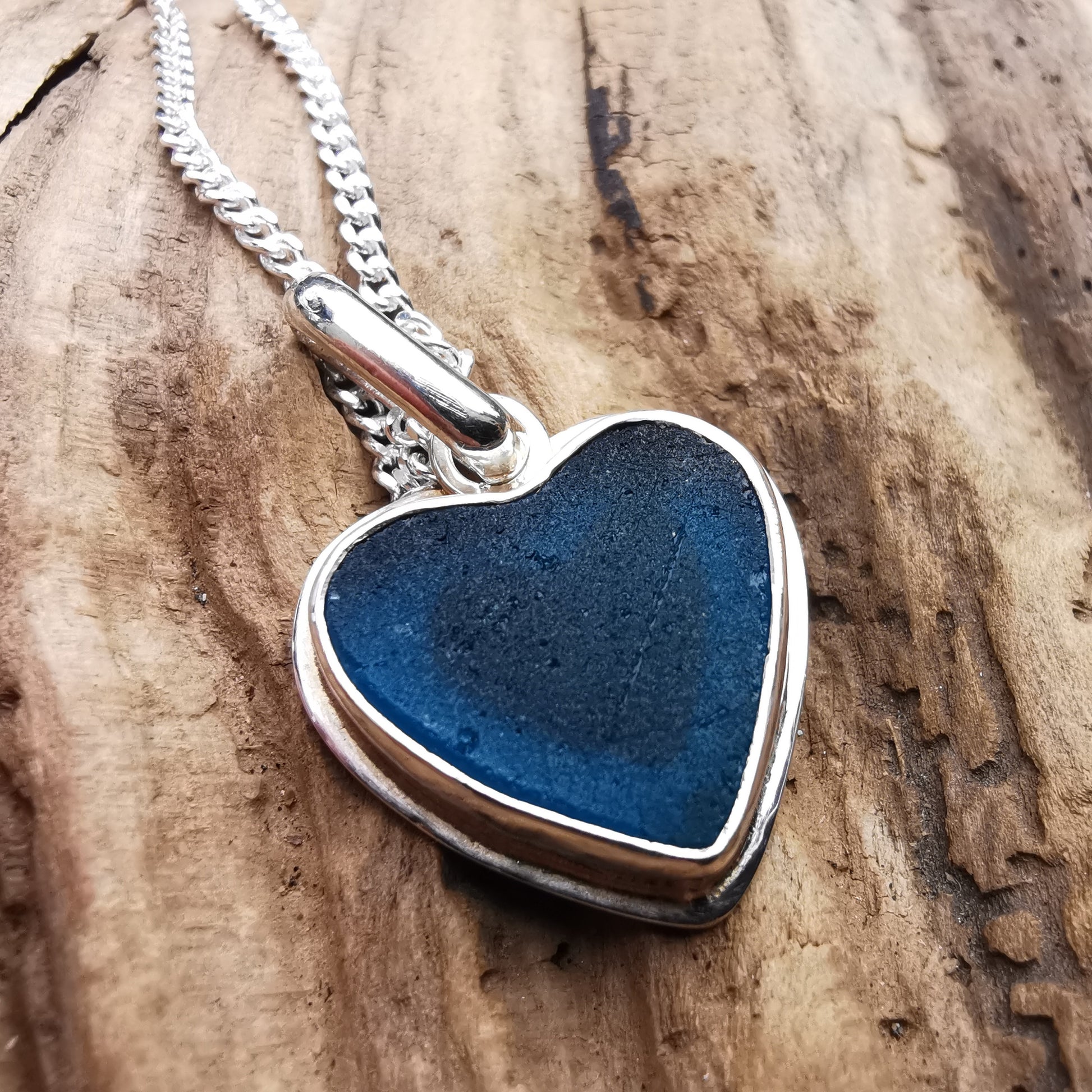 Scottish teal blue sea glass heart pendant, sterling silver necklace - monopatin