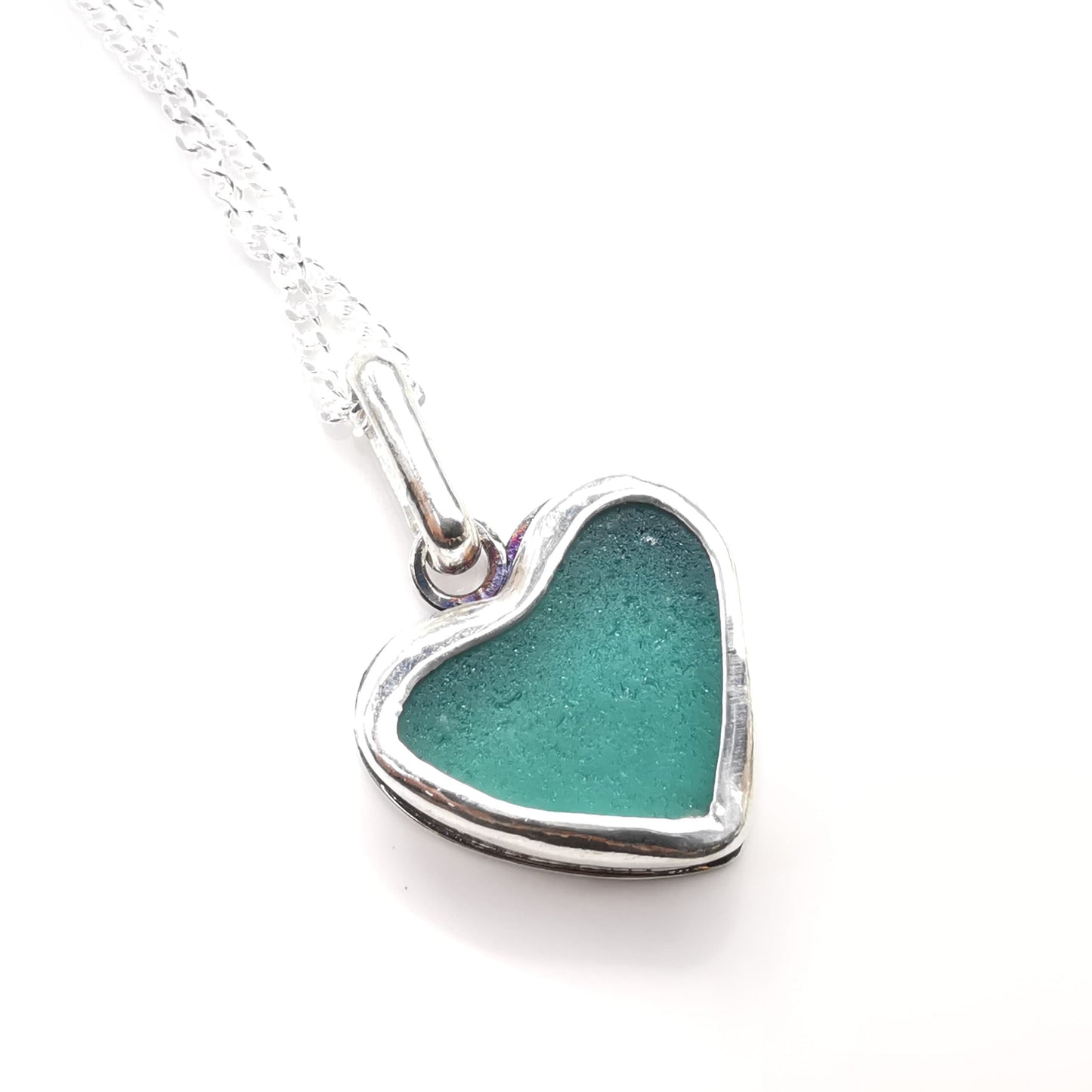 Scottish teal sea glass heart pendant, sterling silver necklace - monopatin