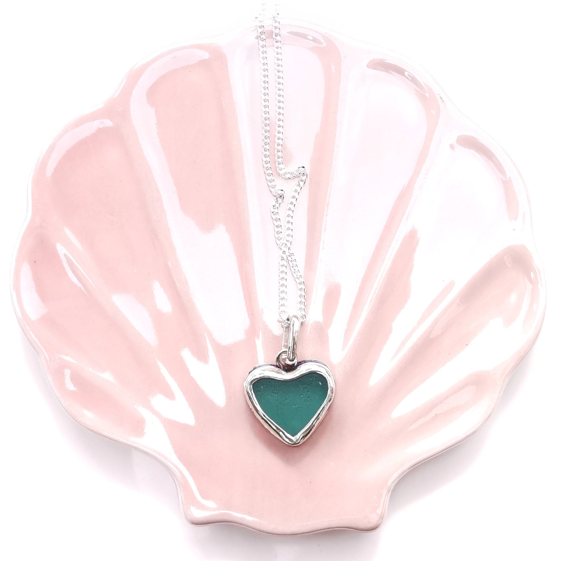 Scottish teal sea glass heart pendant, sterling silver necklace - monopatin