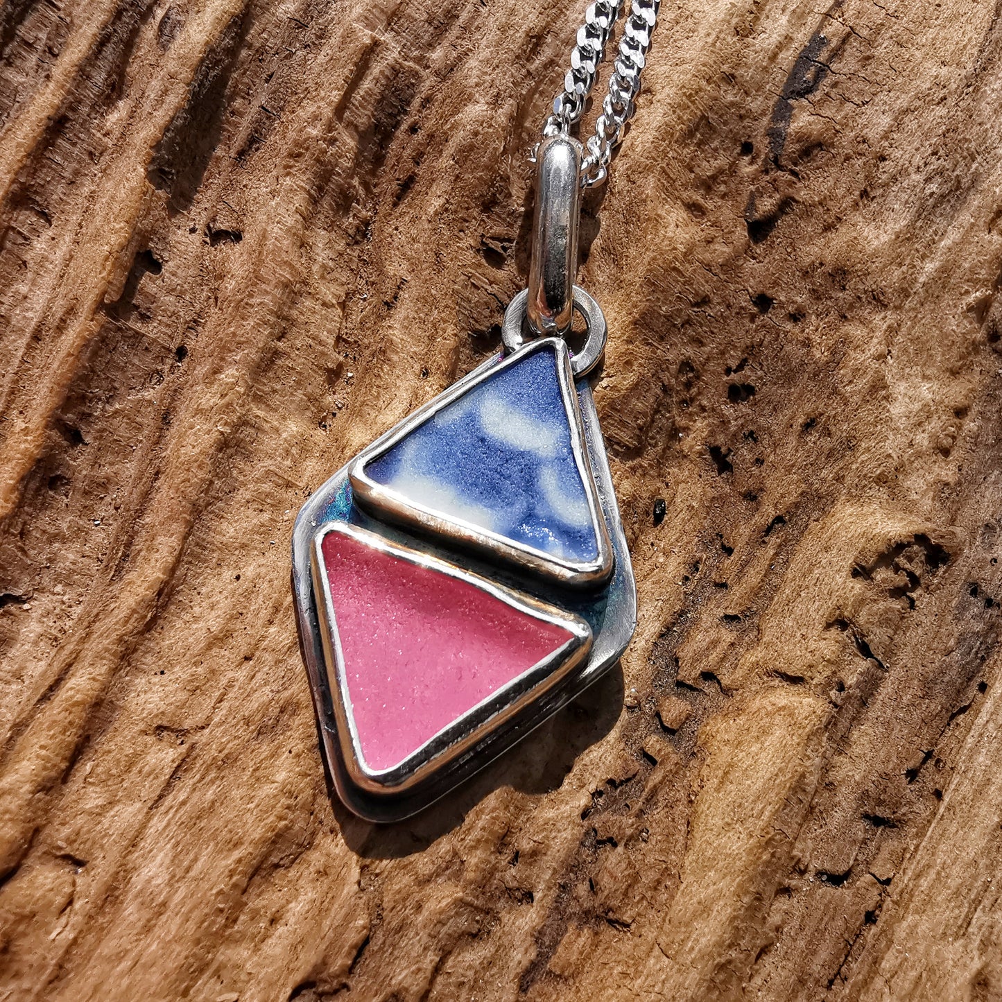 Scottish pink sea glass and blue pottery pendant, sterling silver necklace