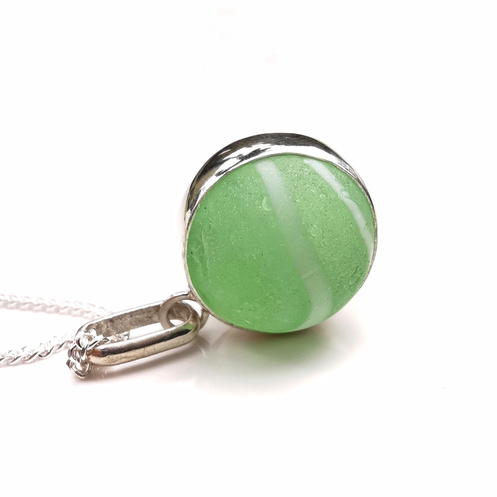 Scottish green and white sea glass marble, sterling silver necklace - monopatin