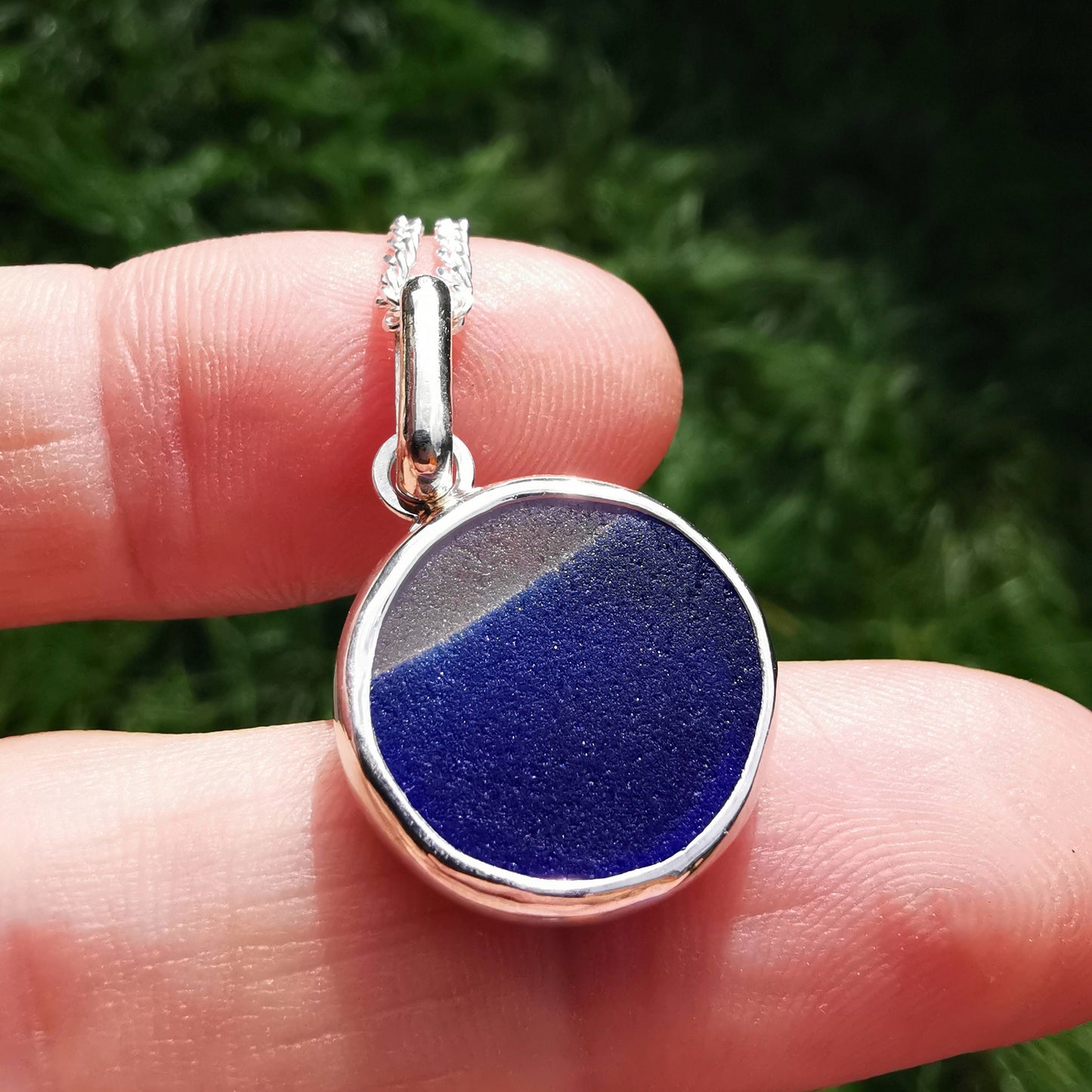 Scottish blue and clear multi sea glass pendant, sterling silver necklace - monopatin