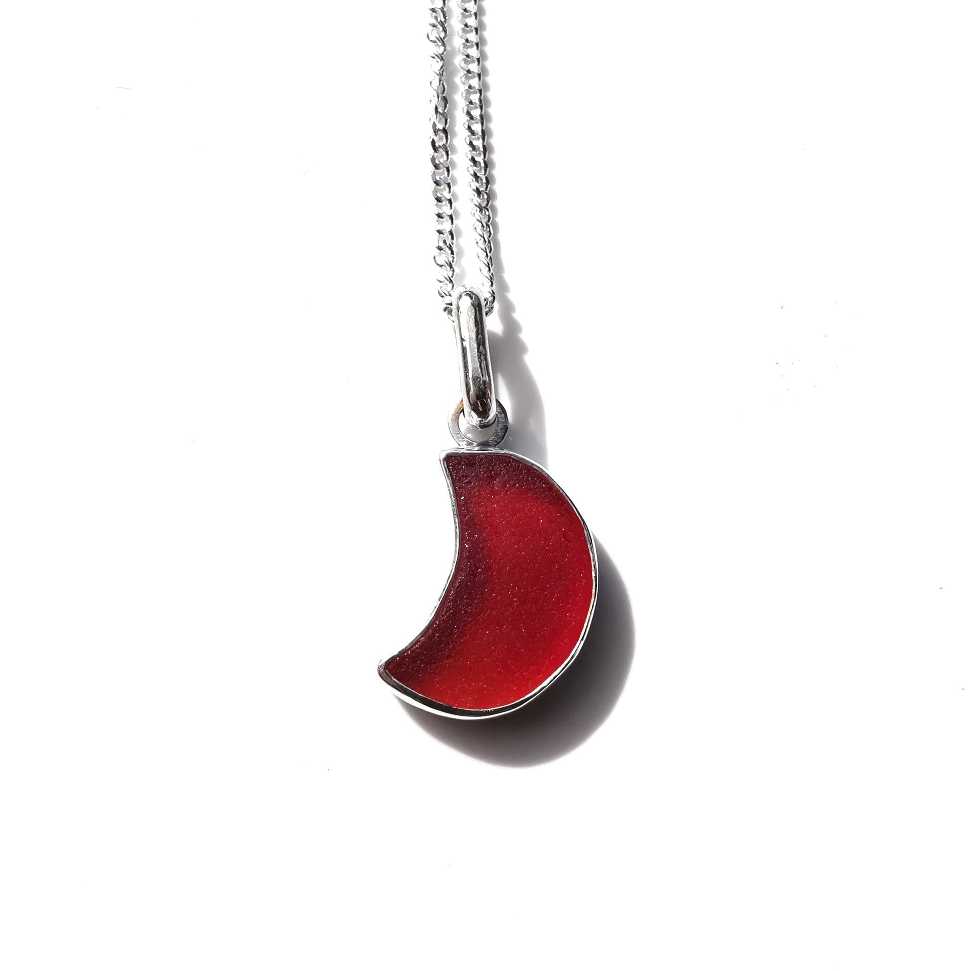 Scottish UV red amberina crescent moon sea glass pendant, sterling silver necklace - monopatin