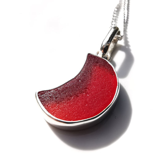 Scottish UV red amberina crescent moon sea glass pendant, sterling silver necklace - monopatin