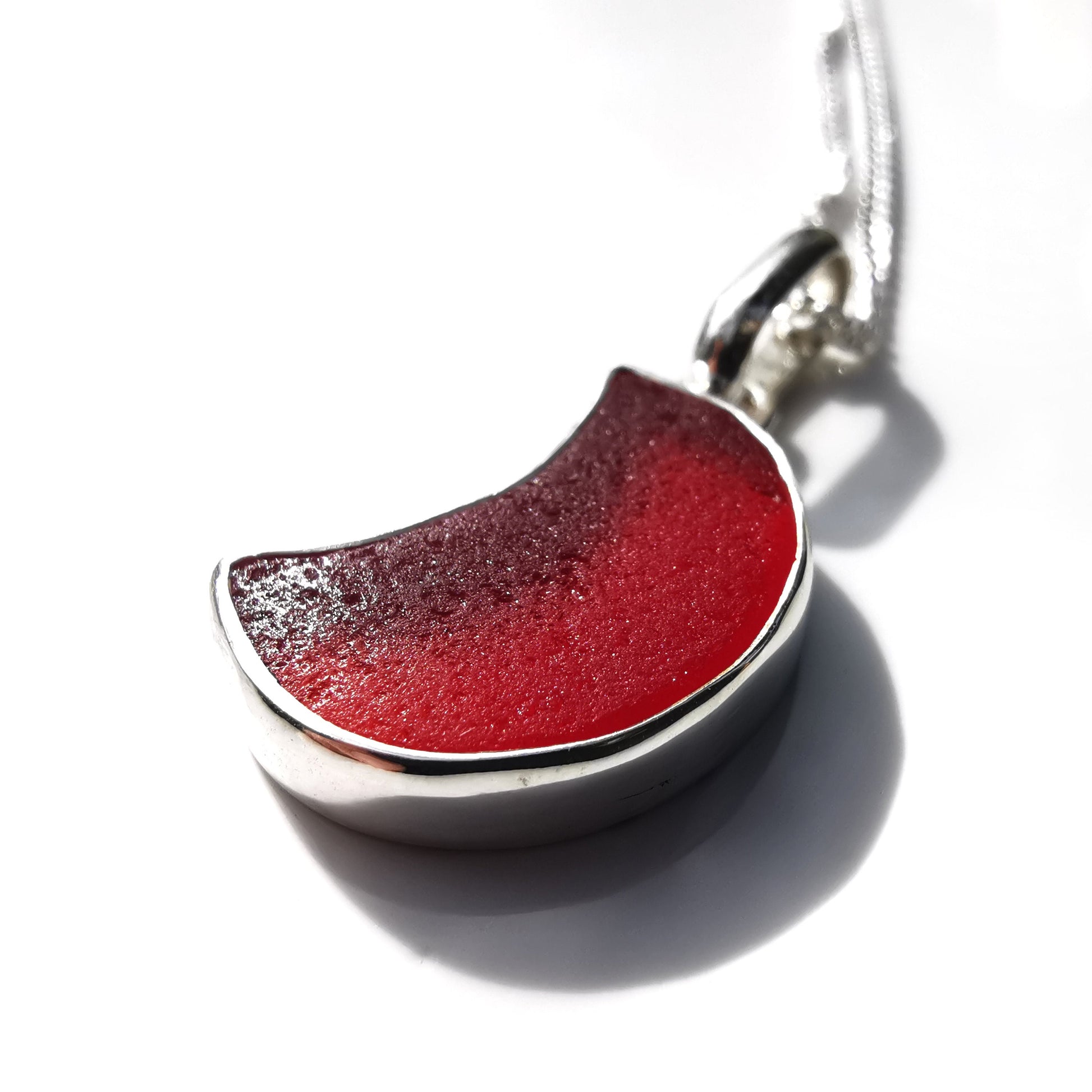 Scottish UV red amberina crescent moon sea glass pendant, sterling silver necklace - monopatin