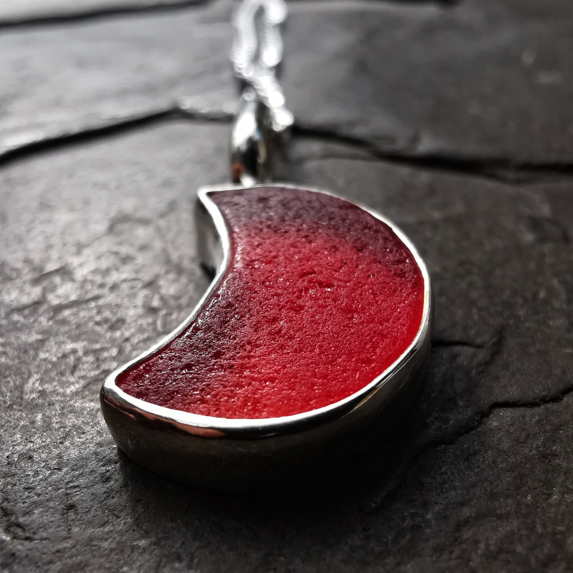 Scottish UV red amberina crescent moon sea glass pendant, sterling silver necklace - monopatin