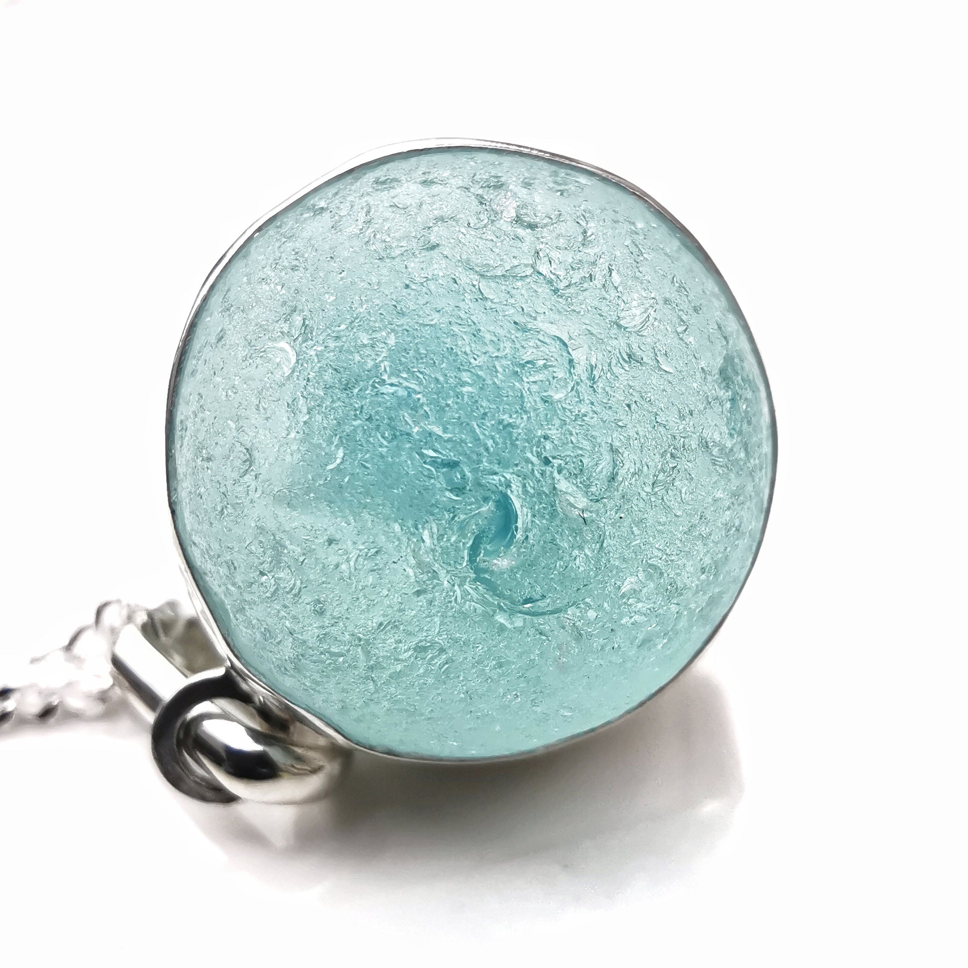 Scottish aqua blue sea glass marble pendant, sterling silver necklace - monopatin