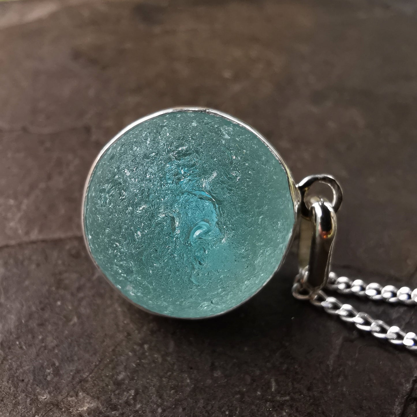 Scottish aqua blue sea glass marble pendant, sterling silver necklace - monopatin