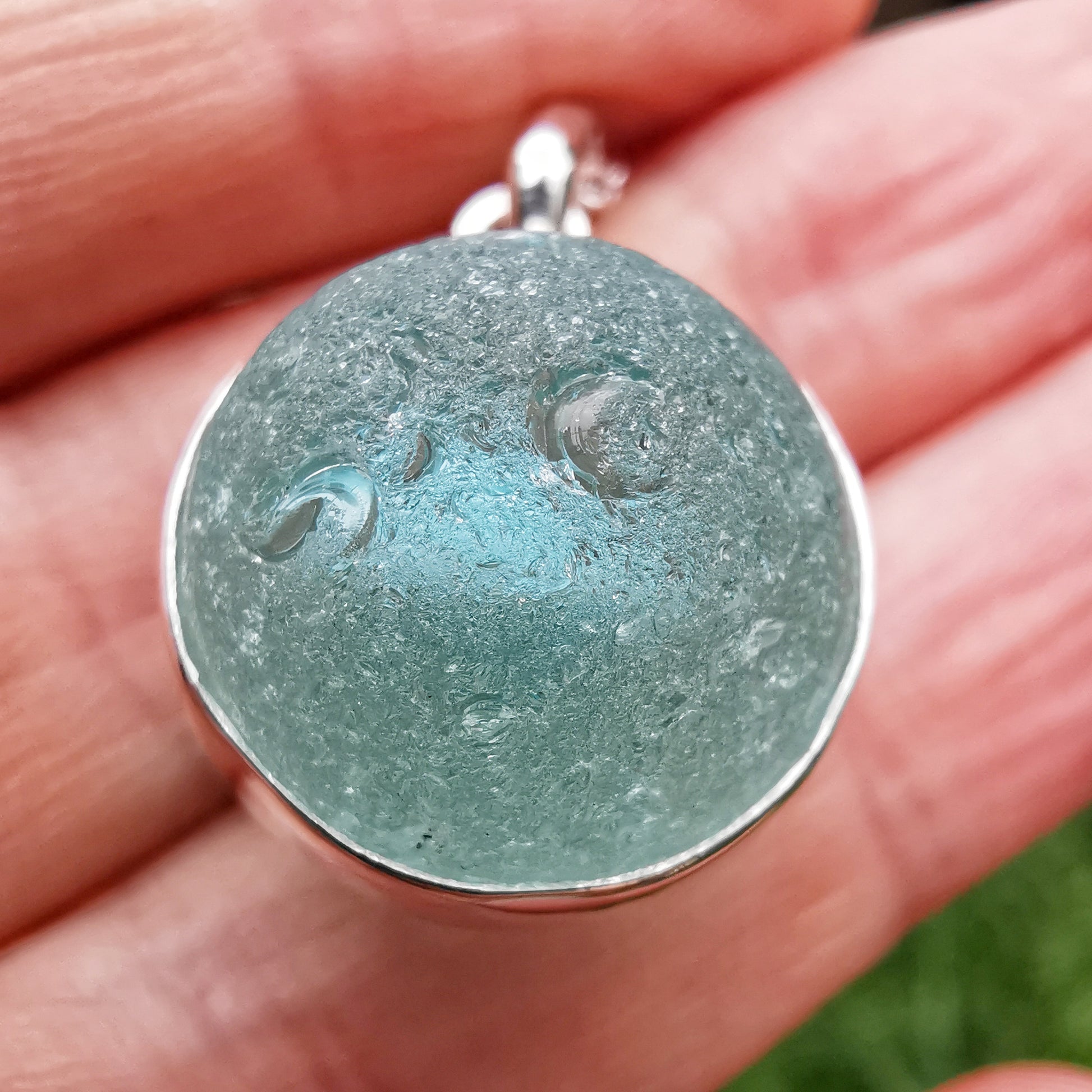 Scottish aqua blue sea glass marble pendant, sterling silver necklace - monopatin