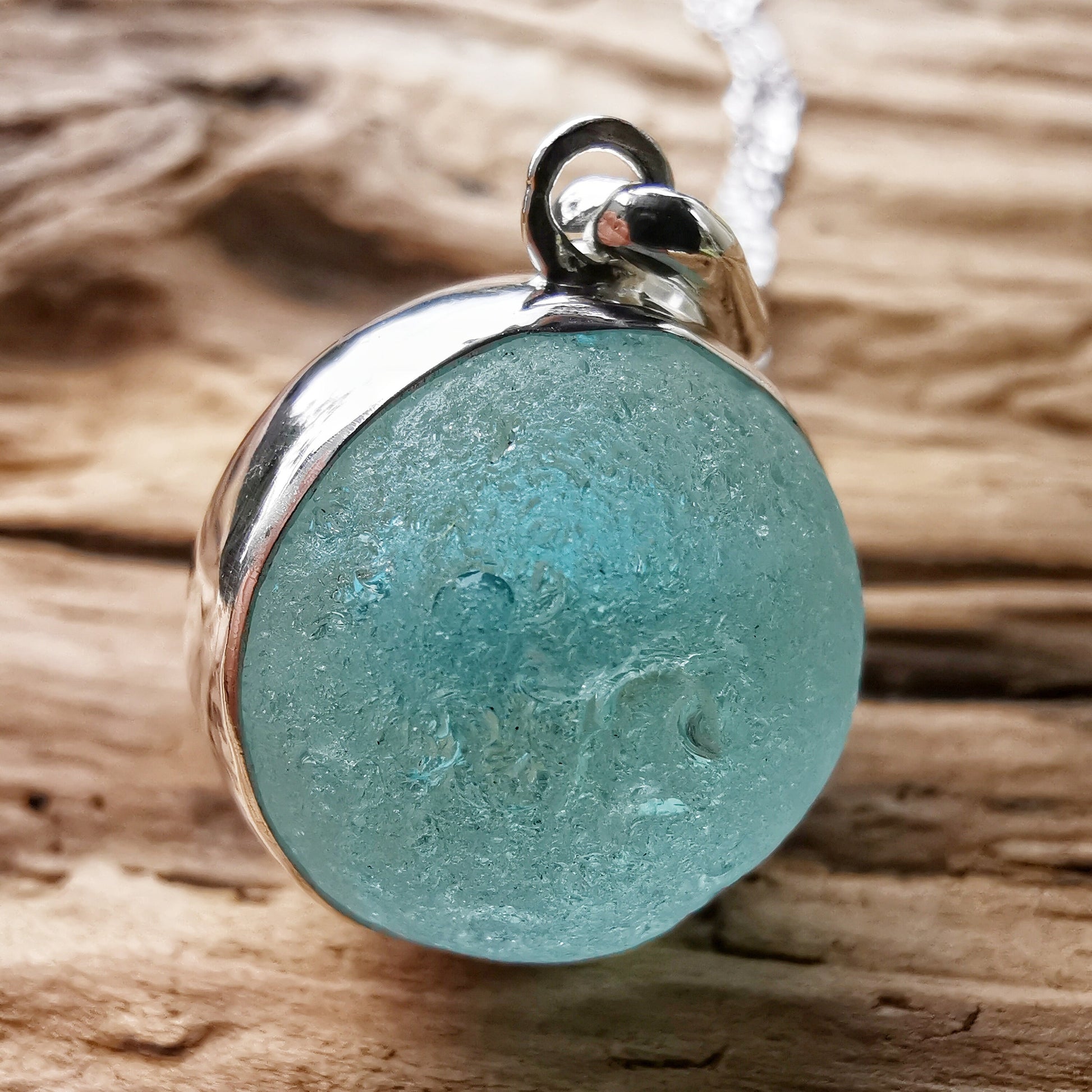 Scottish aqua blue sea glass marble pendant, sterling silver necklace - monopatin