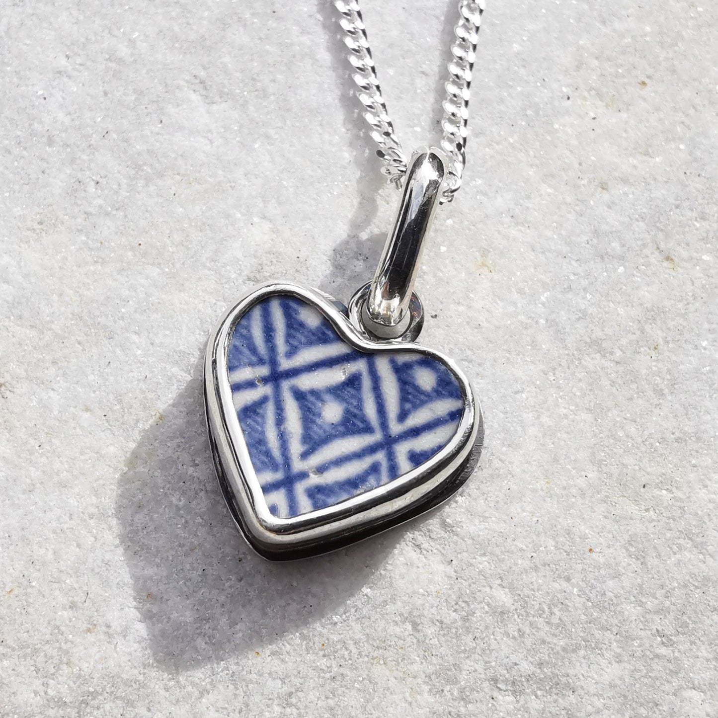 Scottish blue willow, blue and white pattern beach pottery heart pendant, sterling silver necklace - monopatin