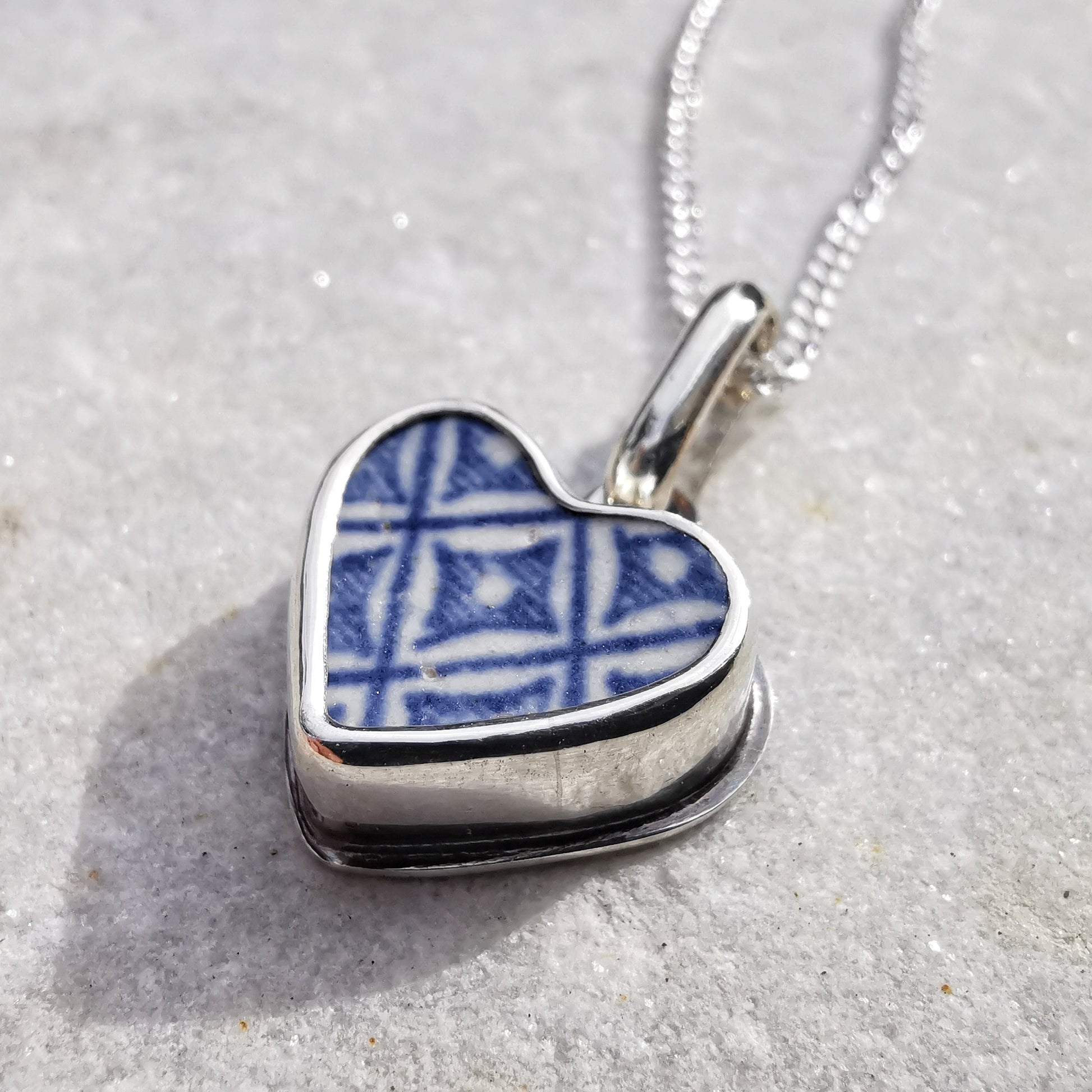 Scottish blue willow, blue and white pattern beach pottery heart pendant, sterling silver necklace - monopatin