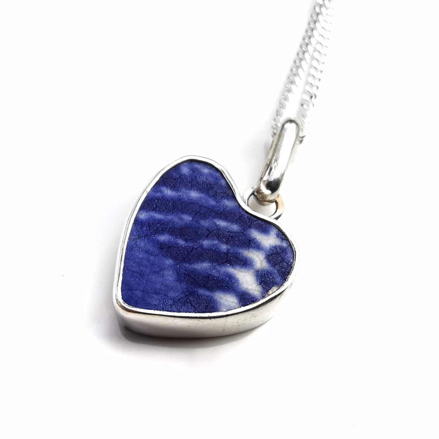 Scottish blue willow pattern beach pottery, heart pendant, silver necklace - monopatin