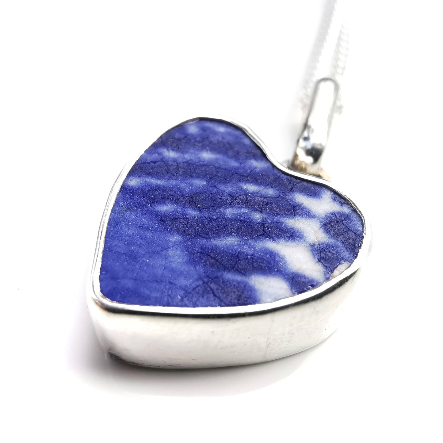 Scottish blue willow pattern beach pottery, heart pendant, silver necklace - monopatin