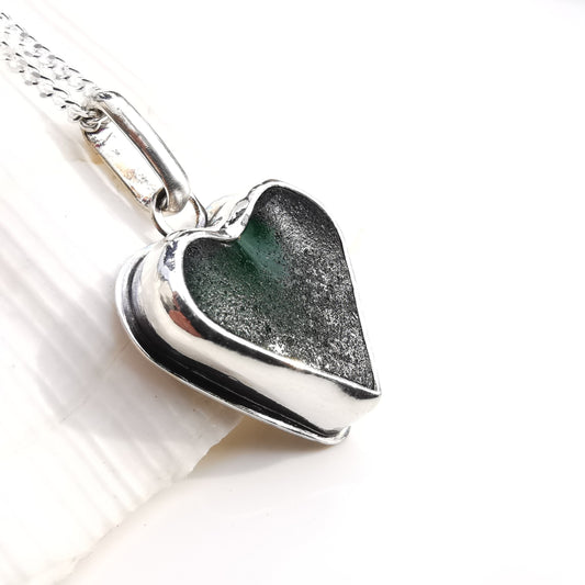 Scottish forest green sea glass heart pendant, sterling silver necklace - monopatin