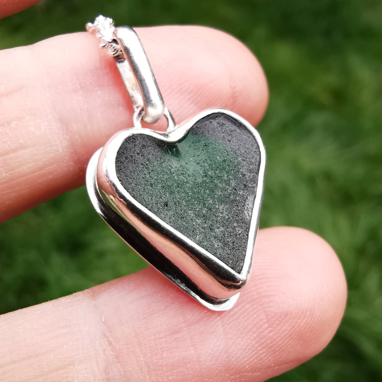 Scottish forest green sea glass heart pendant, sterling silver necklace - monopatin