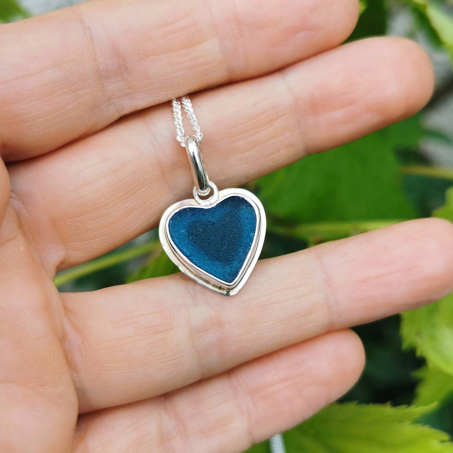 Scottish teal blue sea glass heart pendant, sterling silver necklace - monopatin