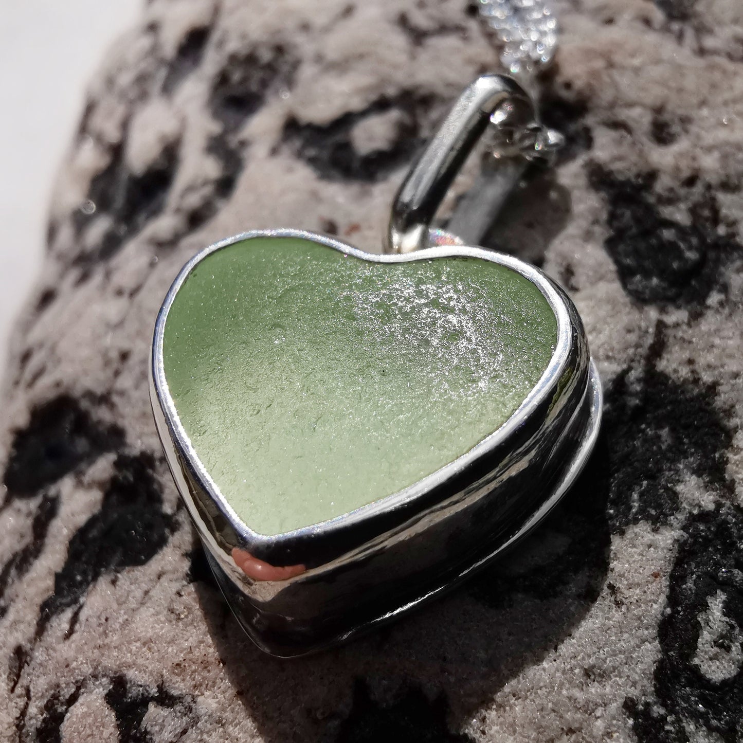 Scottish UV sea glass heart pendant, sterling silver necklace - monopatin