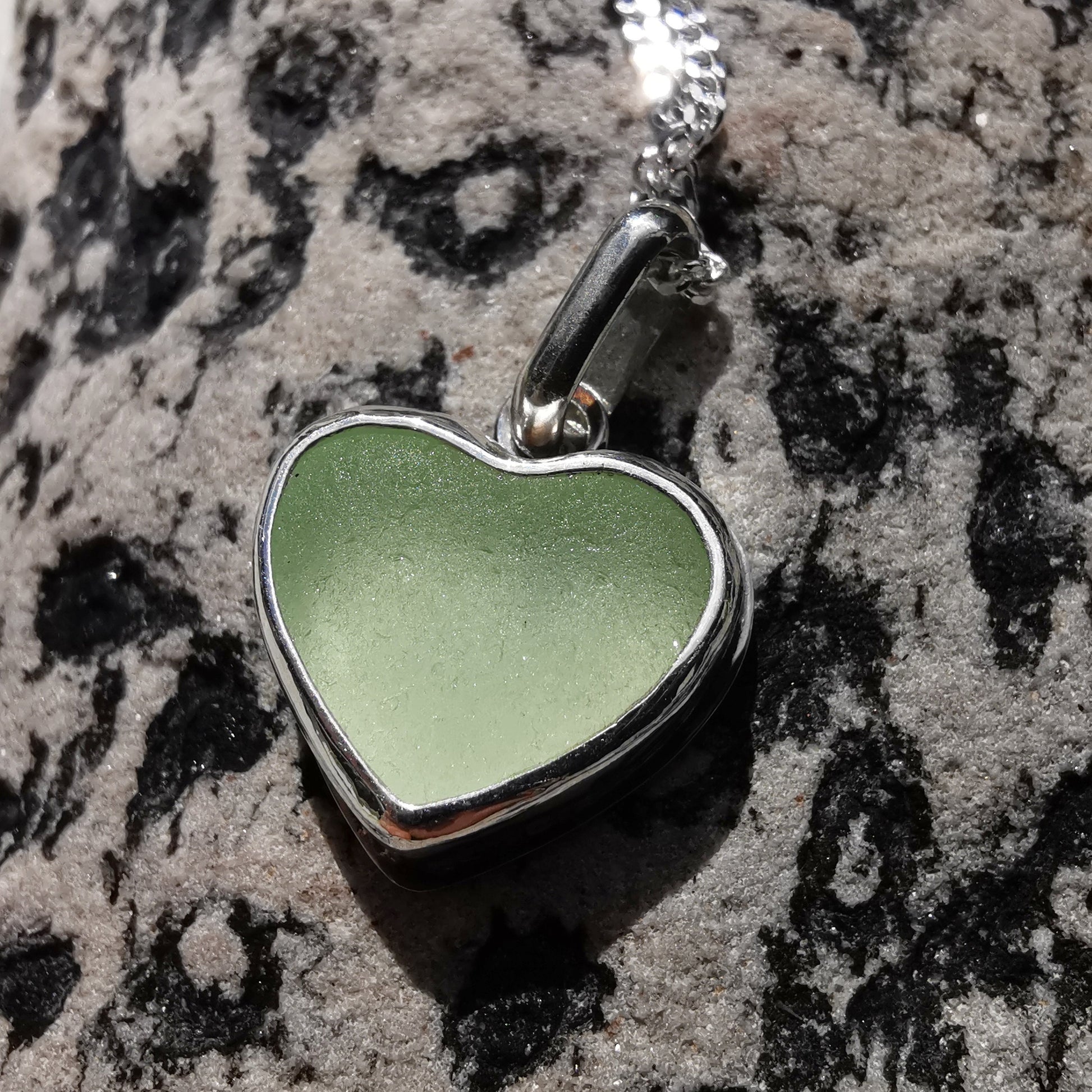 Scottish UV sea glass heart pendant, sterling silver necklace - monopatin