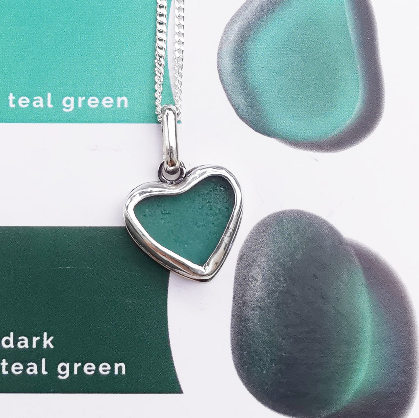 Scottish teal sea glass heart pendant, sterling silver necklace - monopatin