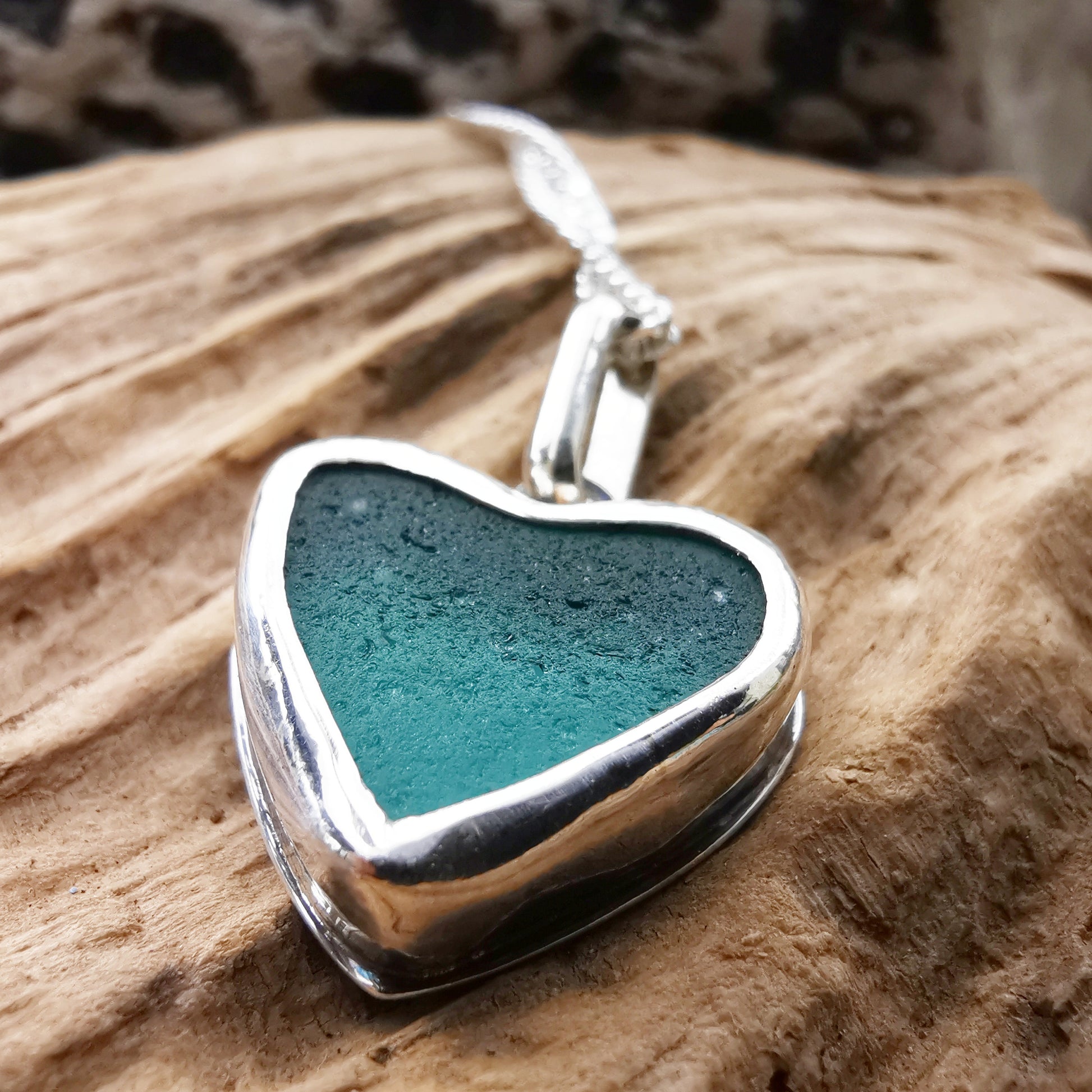 Scottish teal sea glass heart pendant, sterling silver necklace - monopatin
