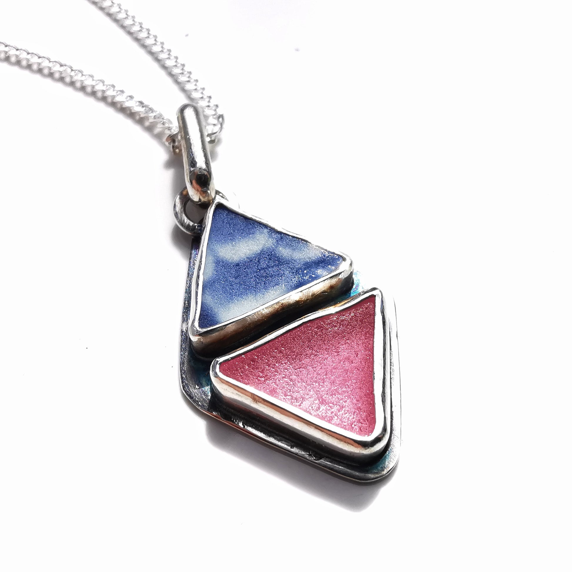 Scottish pink sea glass and blue pottery pendant, sterling silver necklace