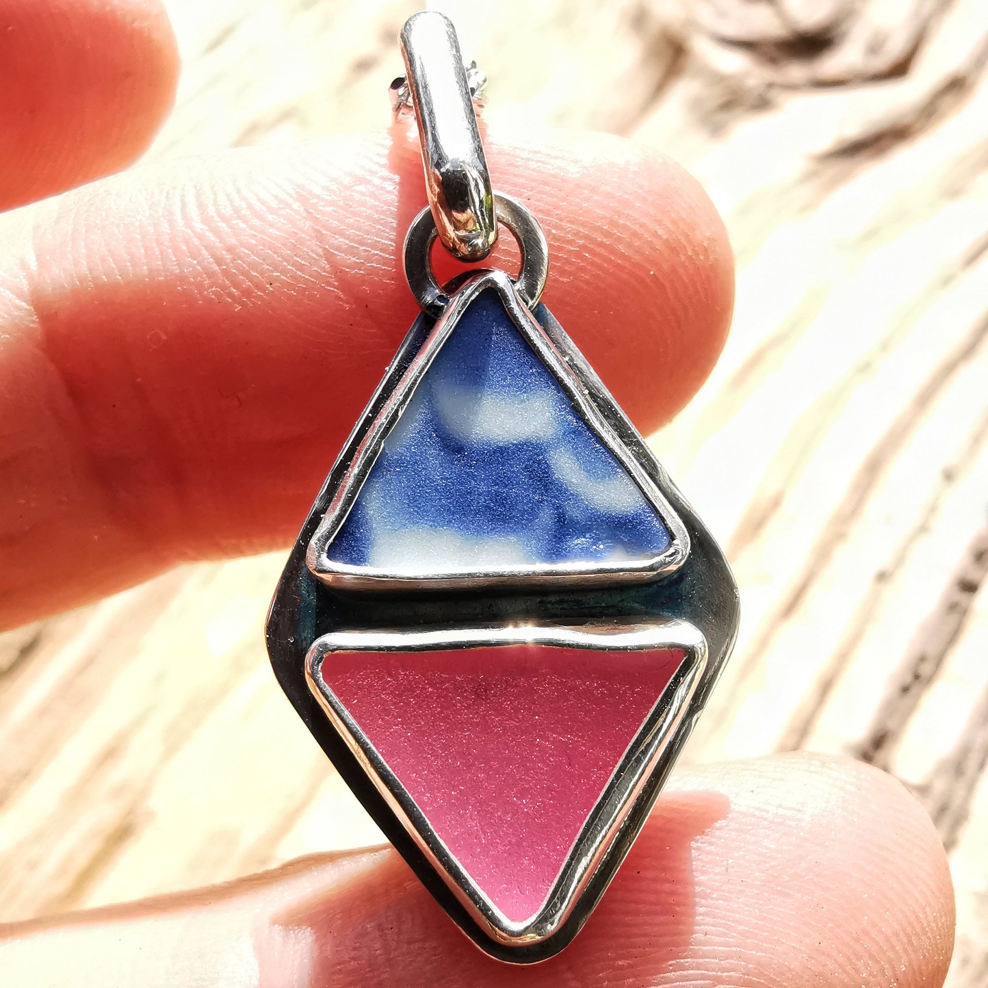 Scottish pink sea glass and blue pottery pendant, sterling silver necklace