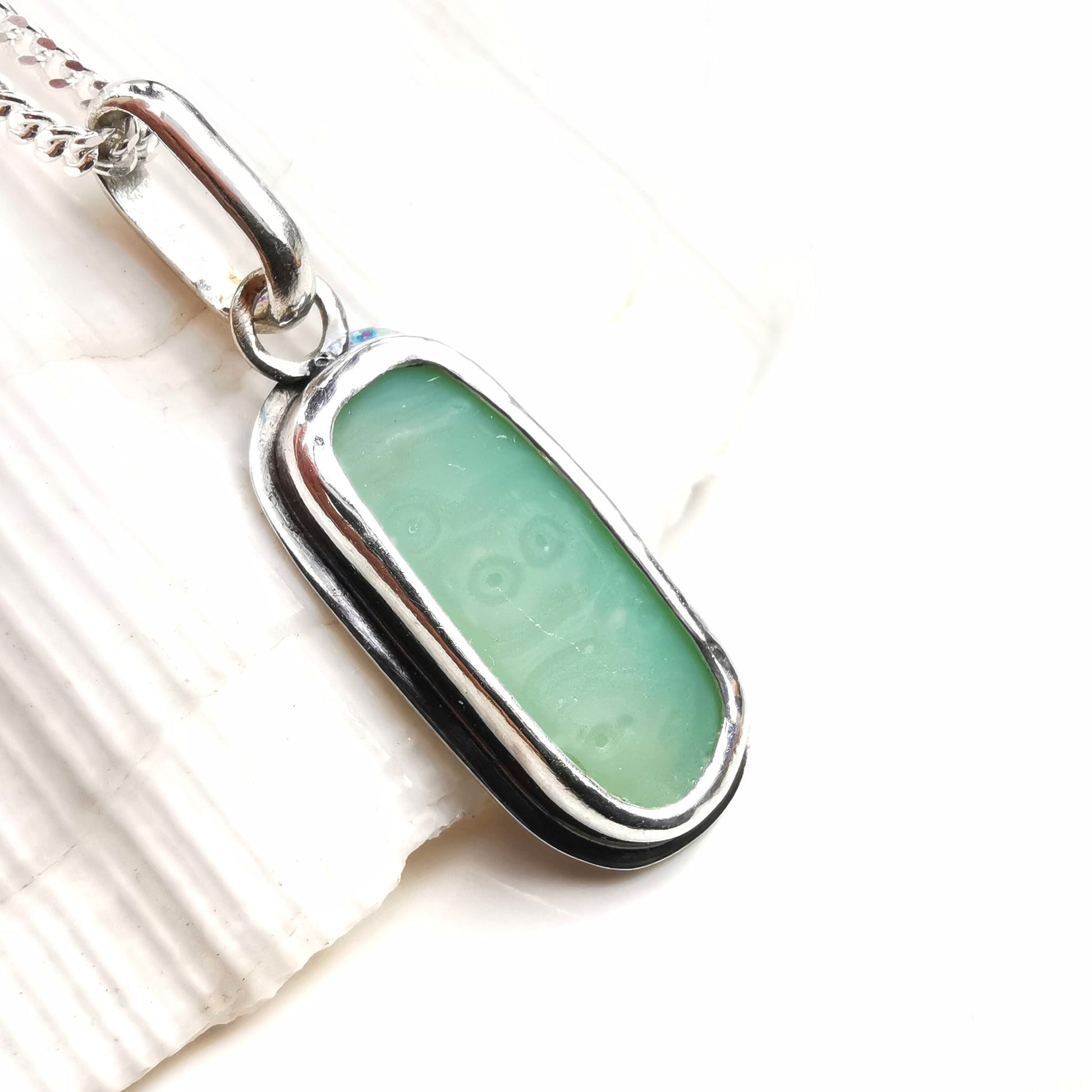 Jade green 'vitamin sea' glass pendant, sterling silver necklace - monopatin