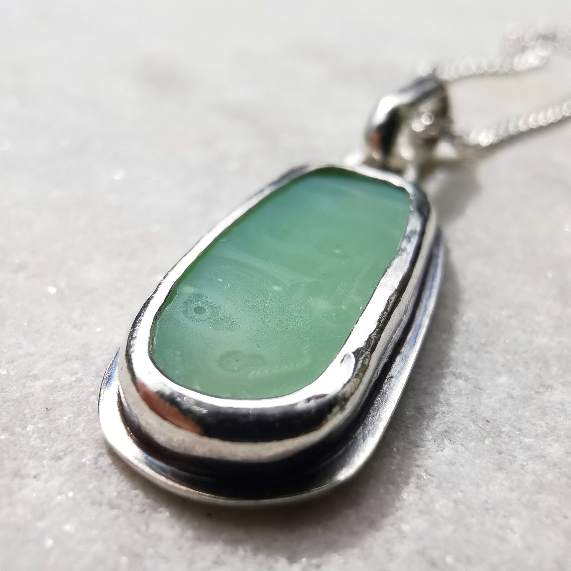 Jade green 'vitamin sea' glass pendant, sterling silver necklace - monopatin