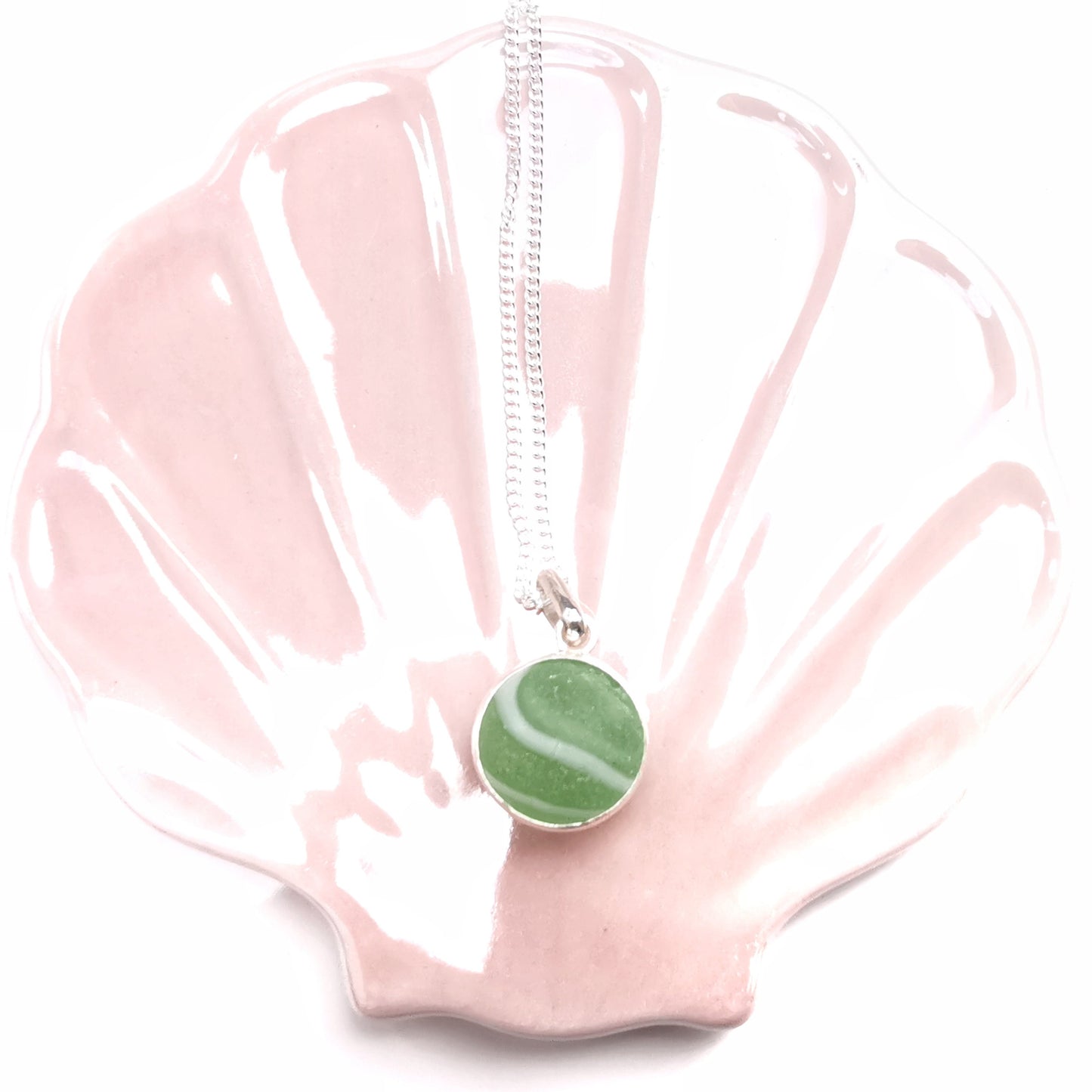 Scottish green and white sea glass marble, sterling silver necklace - monopatin