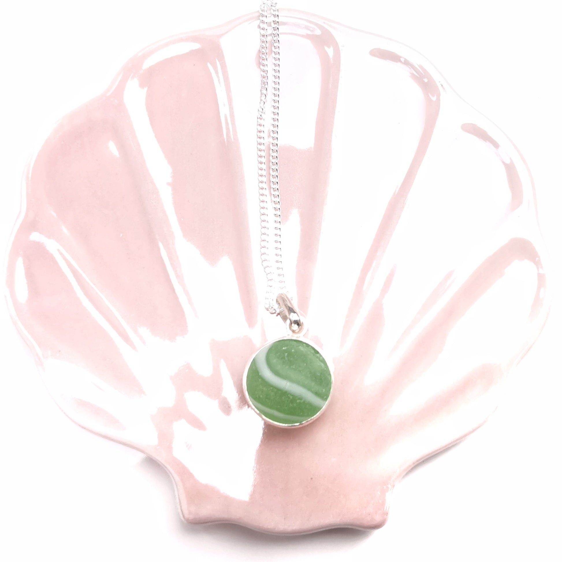 Scottish green and white sea glass marble, sterling silver necklace - monopatin