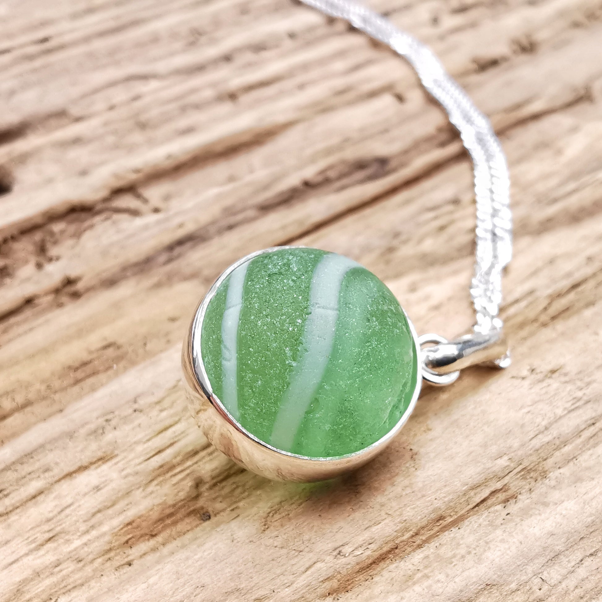Scottish green and white sea glass marble, sterling silver necklace - monopatin