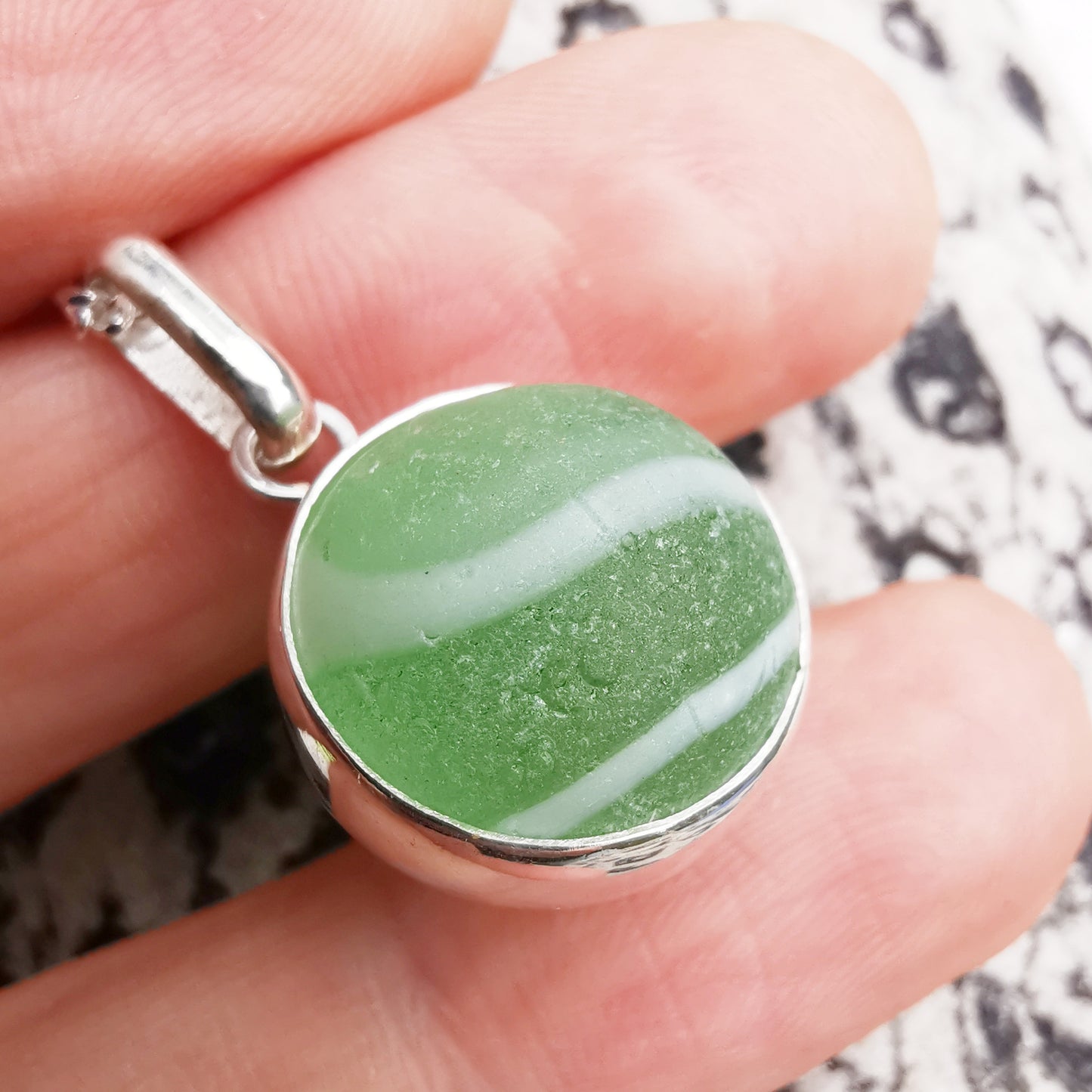 Scottish green and white sea glass marble, sterling silver necklace - monopatin