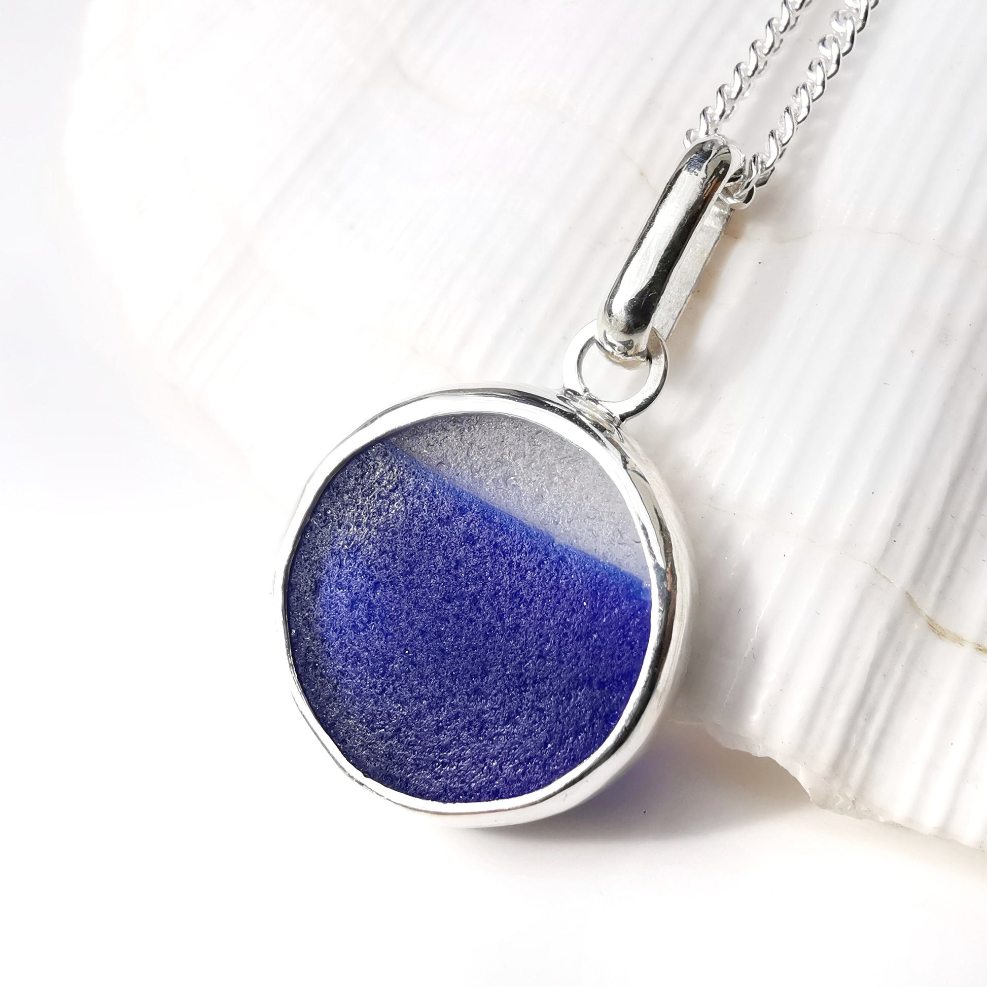 Scottish blue and clear multi sea glass pendant, sterling silver necklace - monopatin