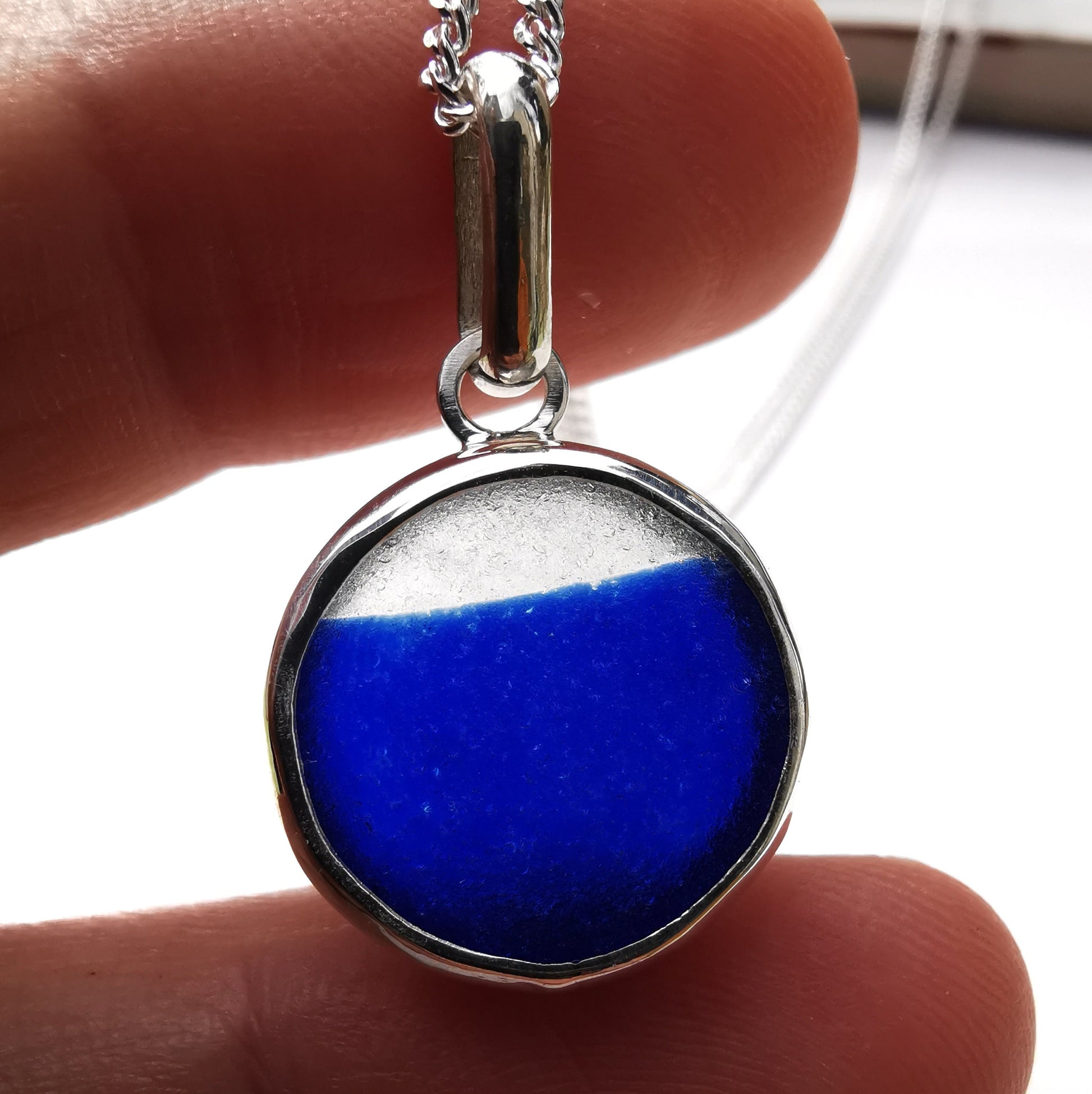 Scottish blue and clear multi sea glass pendant, sterling silver necklace - monopatin