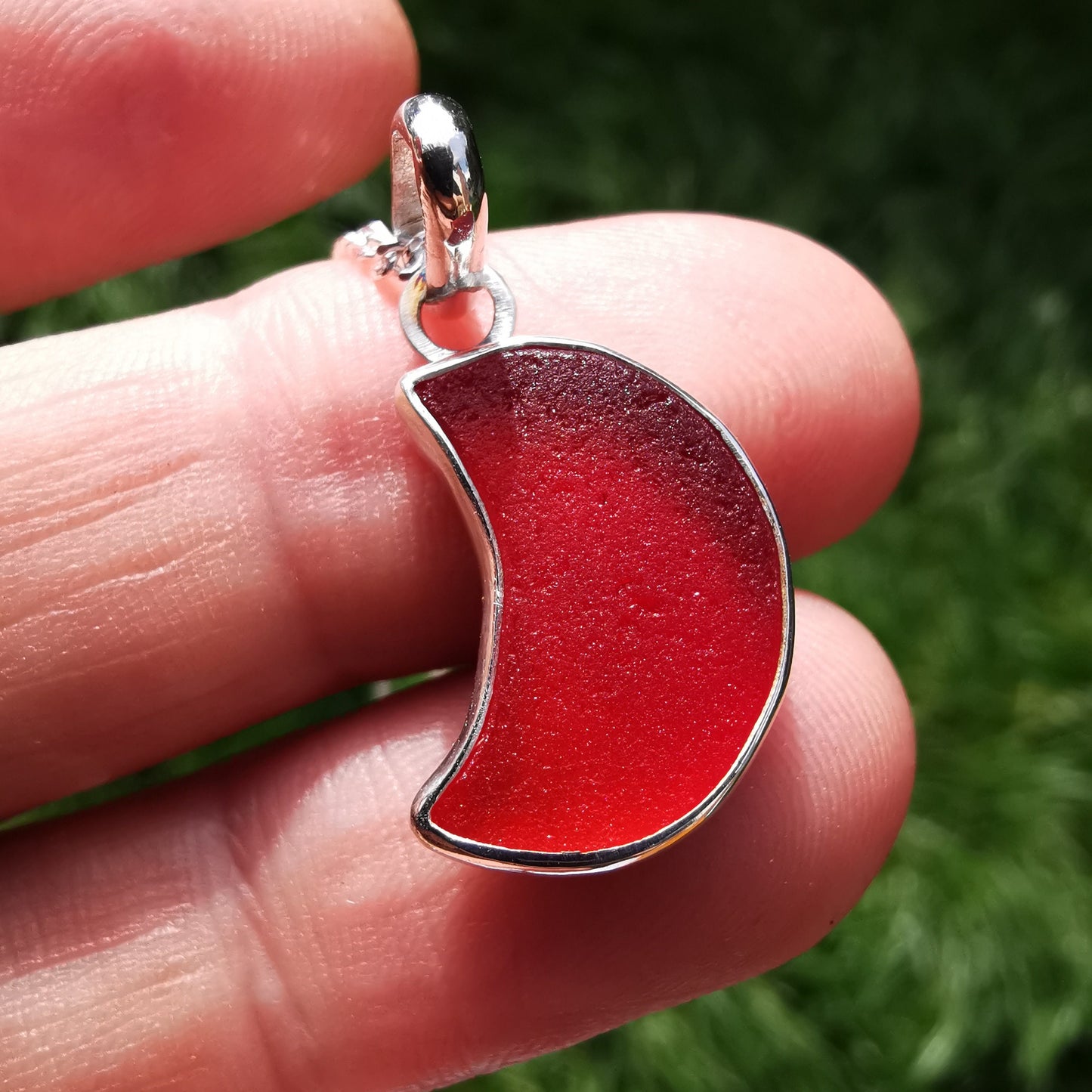 Scottish UV red amberina crescent moon sea glass pendant, sterling silver necklace - monopatin