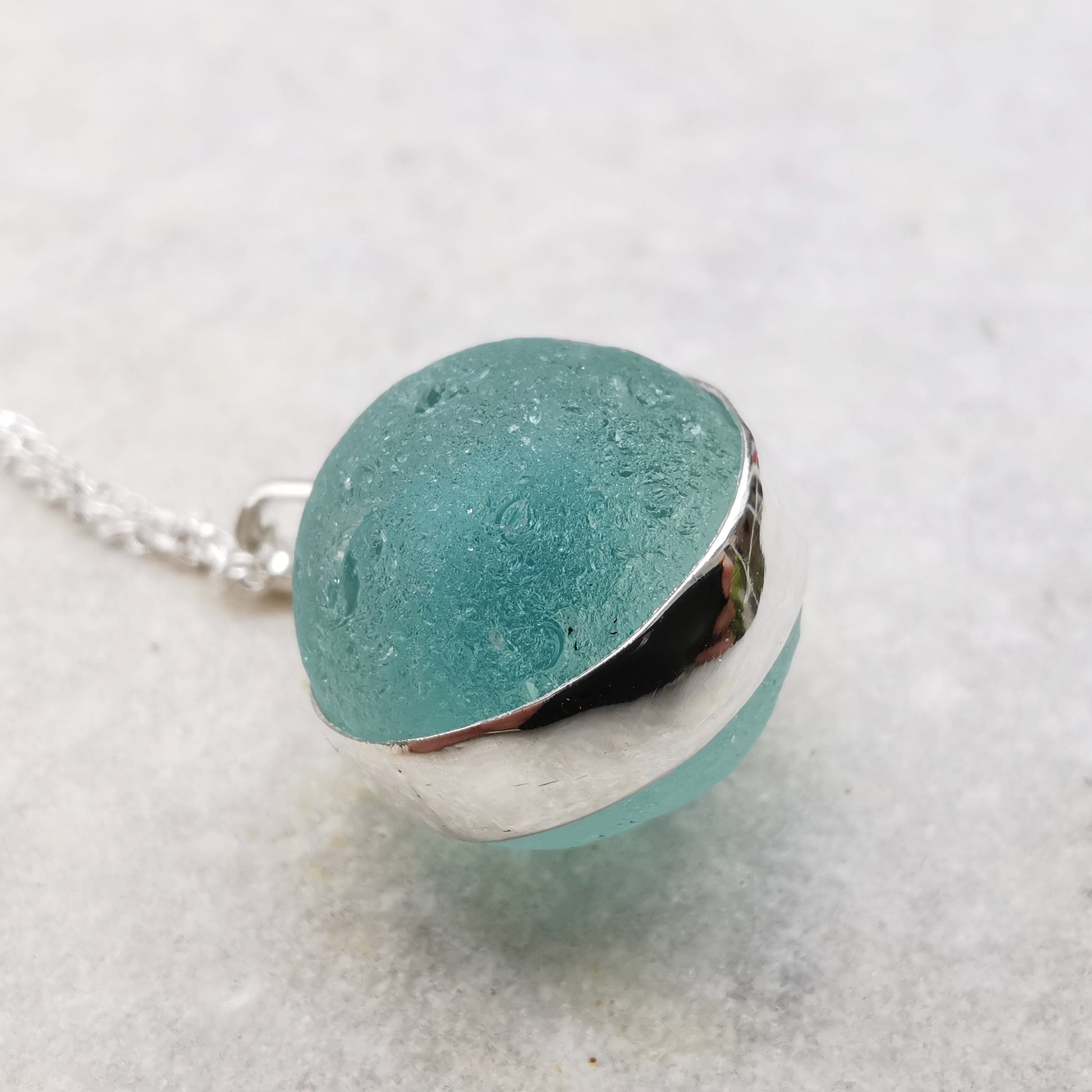 Scottish aqua blue sea glass marble pendant, sterling silver necklace - monopatin